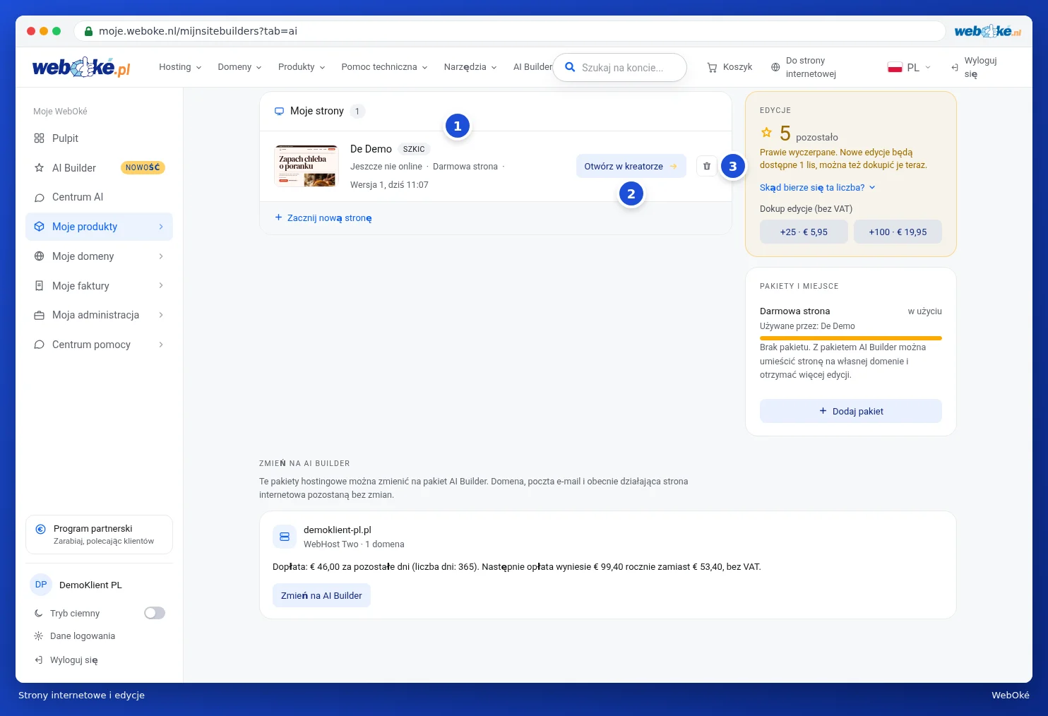 Przegląd Państwa stron pod kartą startową AI Builder