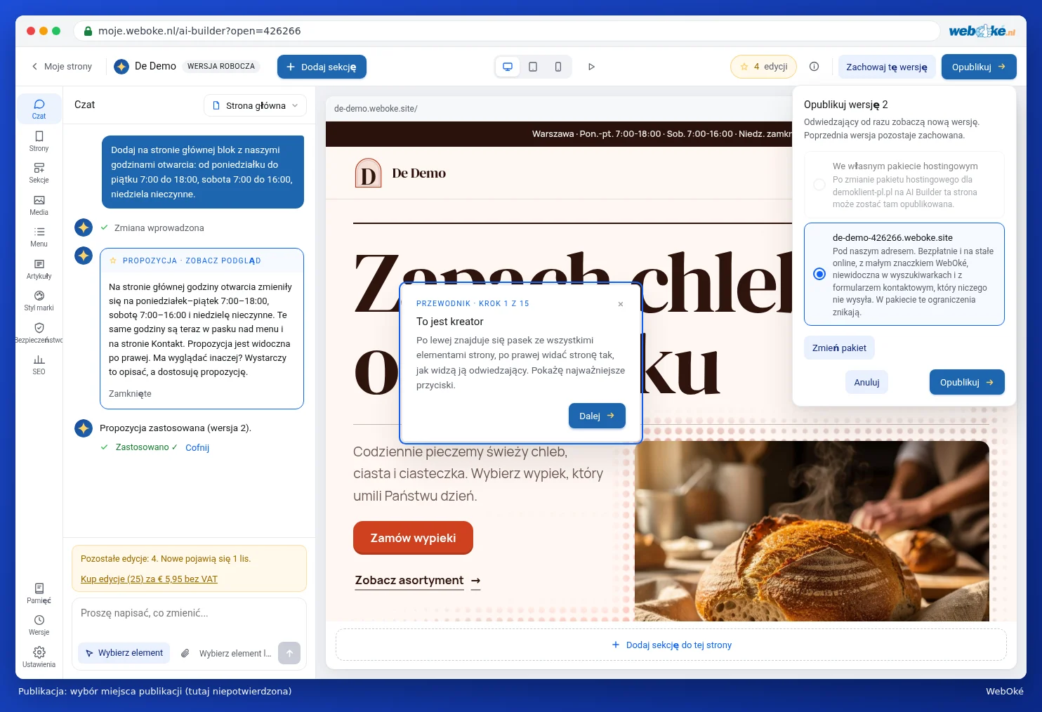 Okno publikacji wersji 1 online, z wyborem bezpłatnego adresu lub własnego pakietu hostingowego