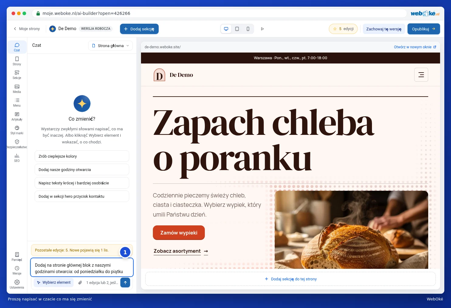 Czat z poleceniem dodania godzin otwarcia
