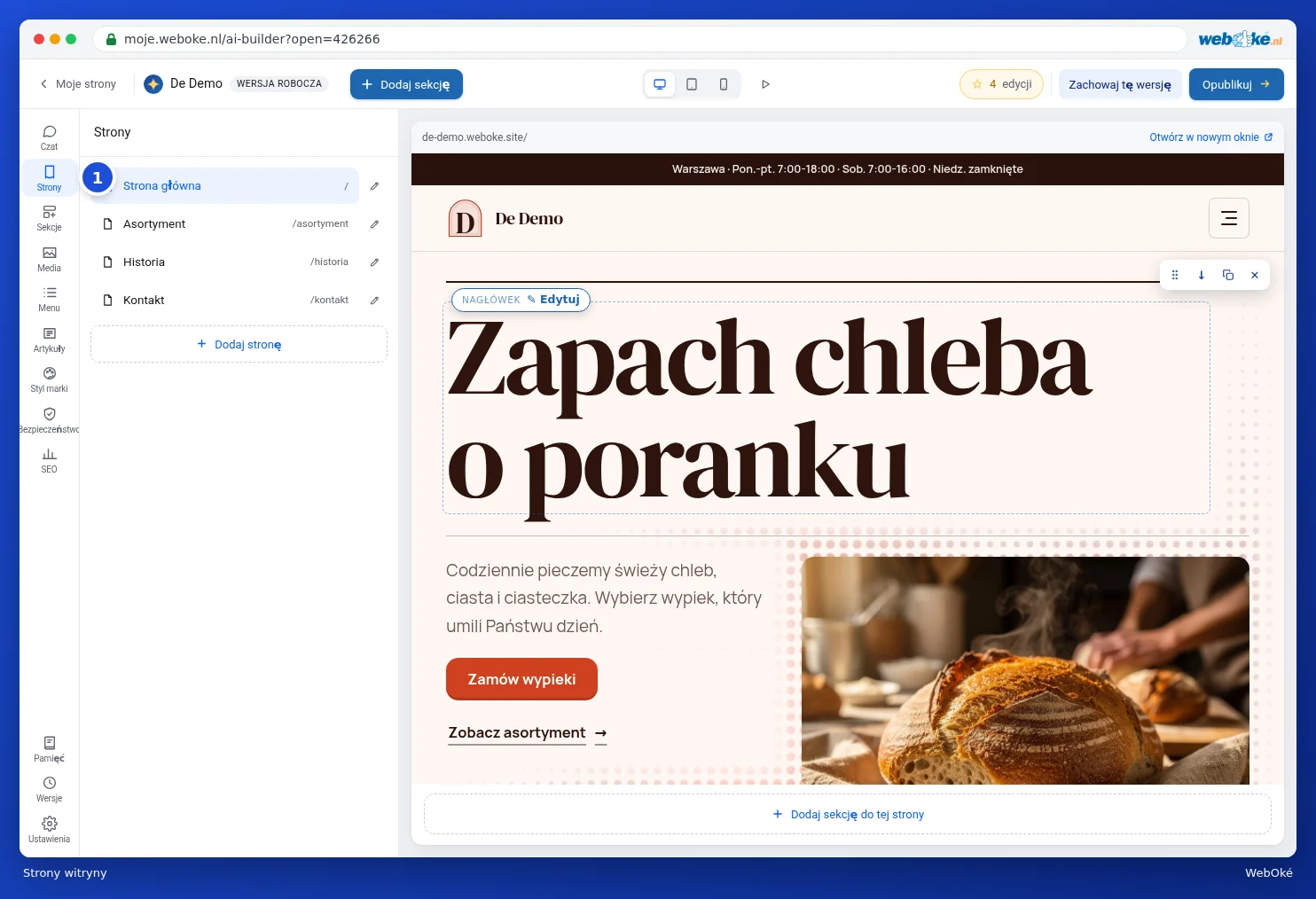 Panel Strony z pozycjami Strona główna, Asortyment, Piekarze i Kontakt