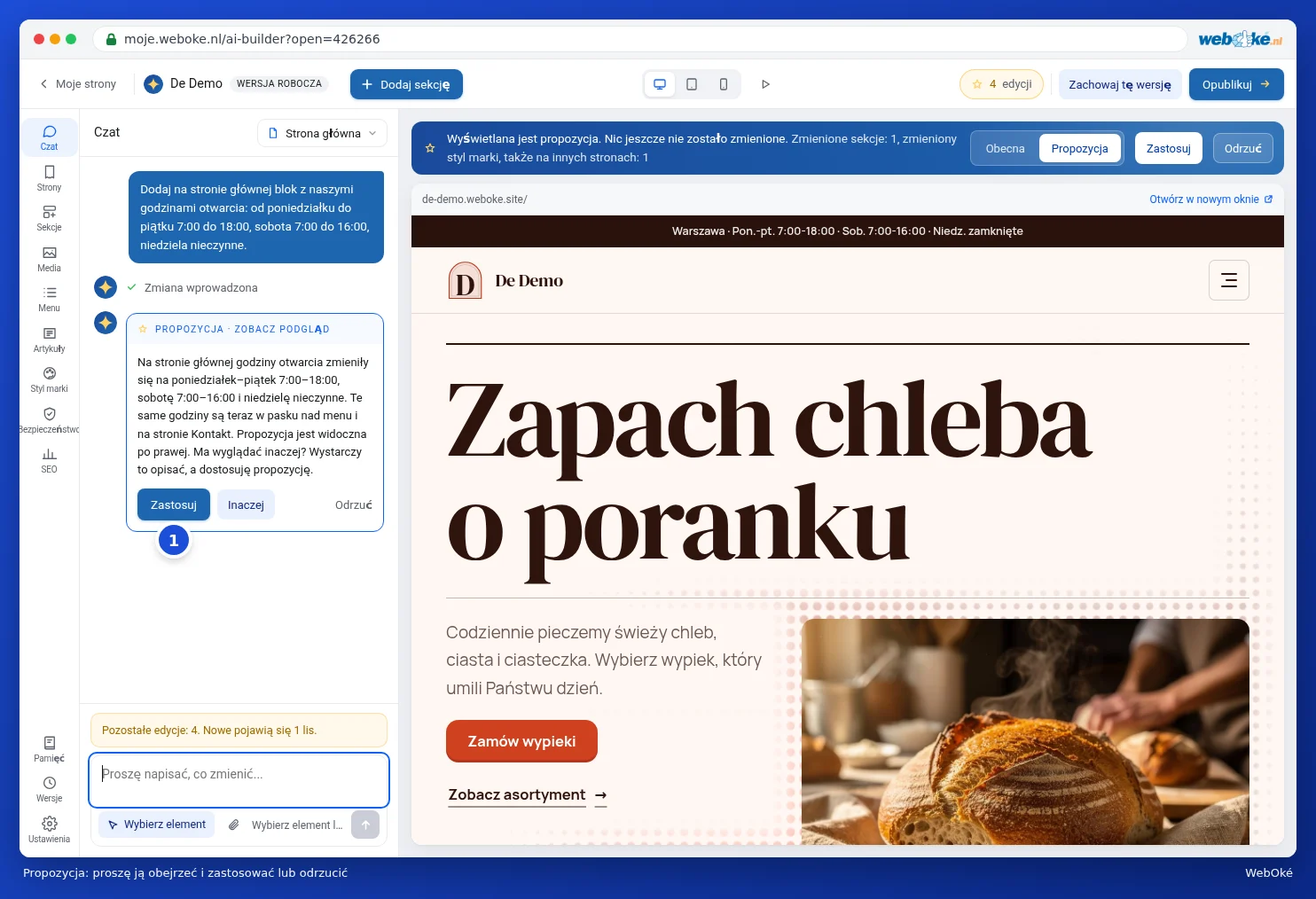 Propozycja AI z przyciskami Zastosuj, Inaczej i Odrzuć
