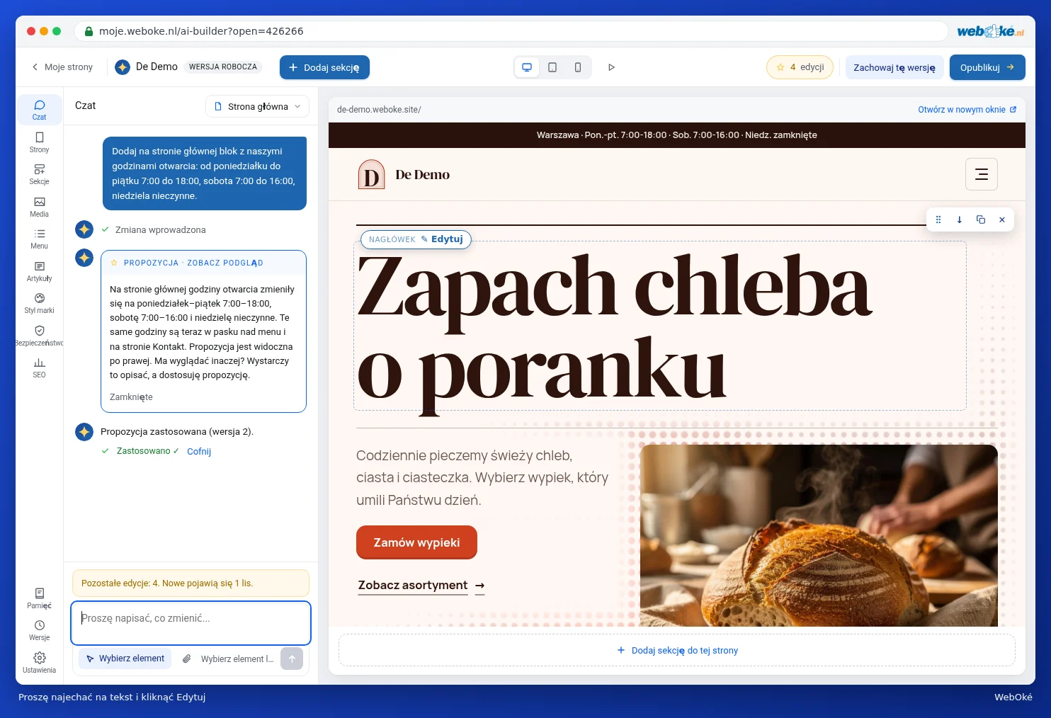 Podgląd strony z kursorem myszy nad dużym nagłówkiem