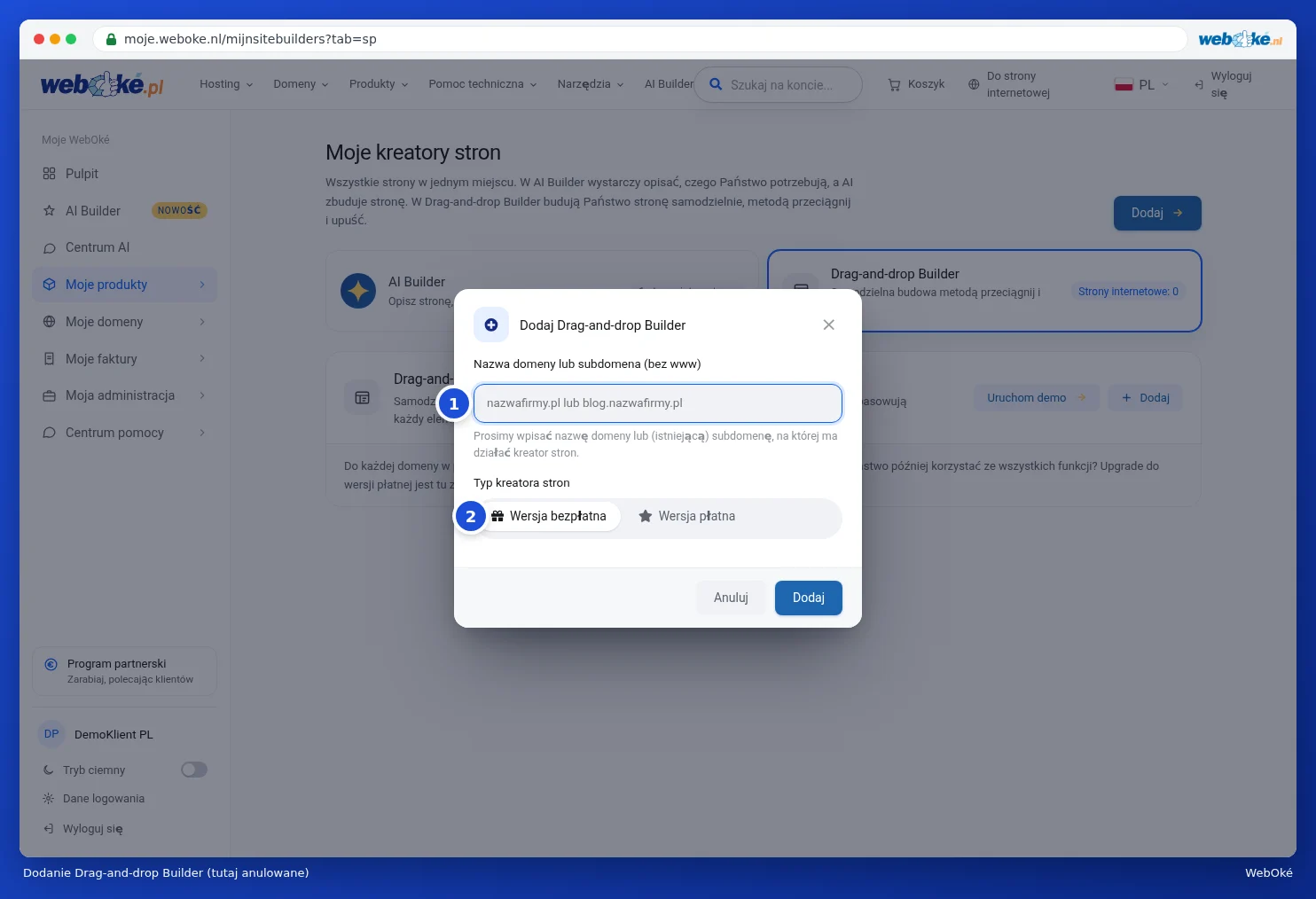 Okno Dodaj Drag-and-drop Builder z polem na nazwę domeny