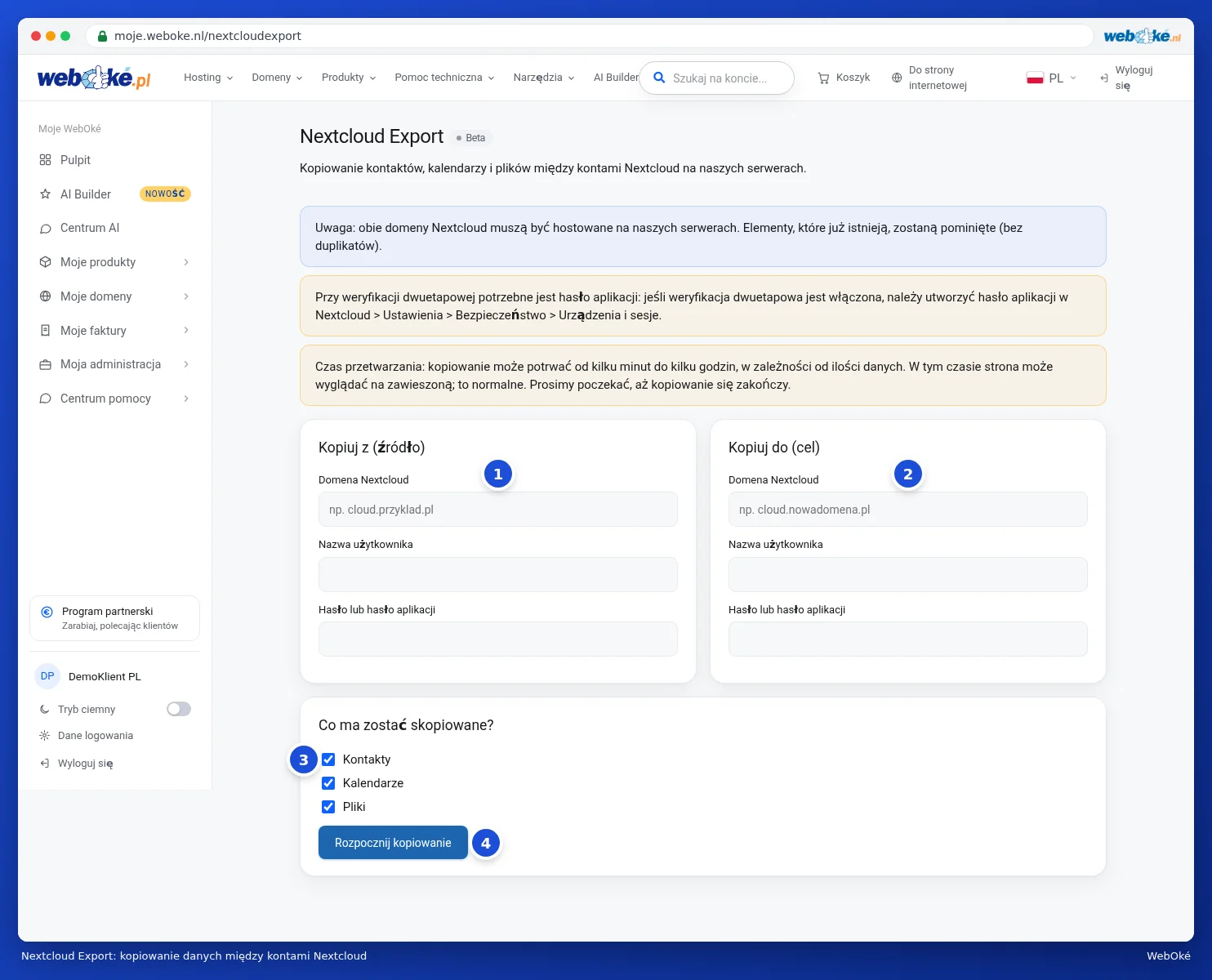 Strona Nextcloud Export z polami dla źródła i celu