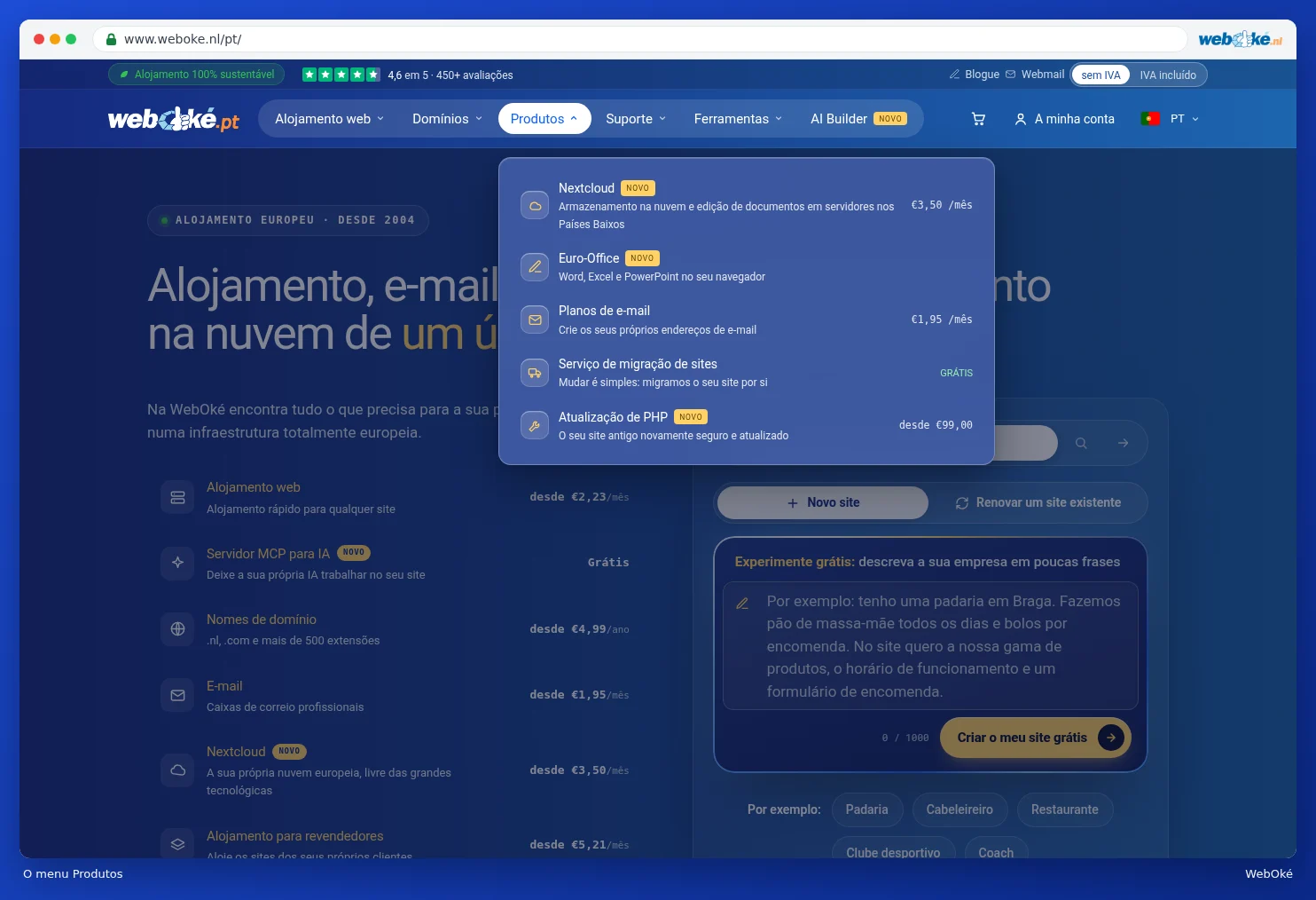 O menu Produtos aberto