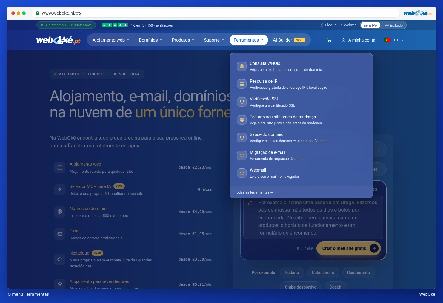 O menu Ferramentas aberto