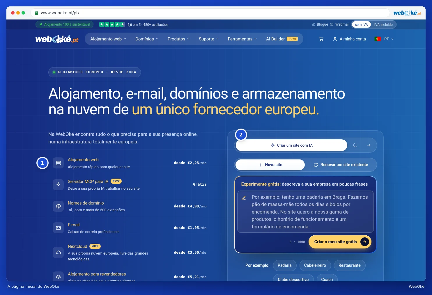A página inicial do site da WebOké