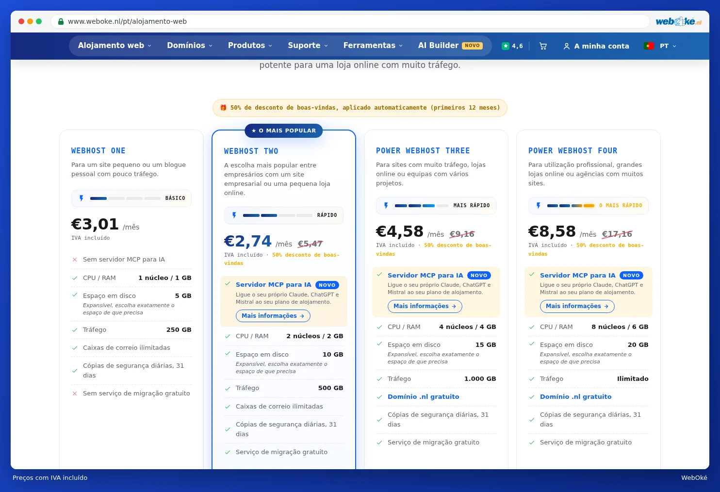 Os planos de alojamento web com preços com IVA incluído