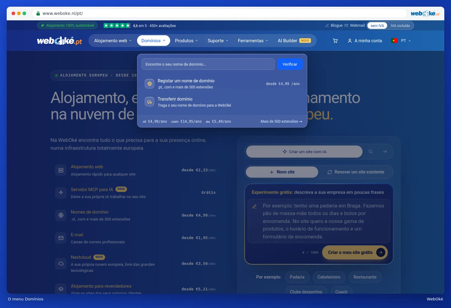 O menu Domínios aberto