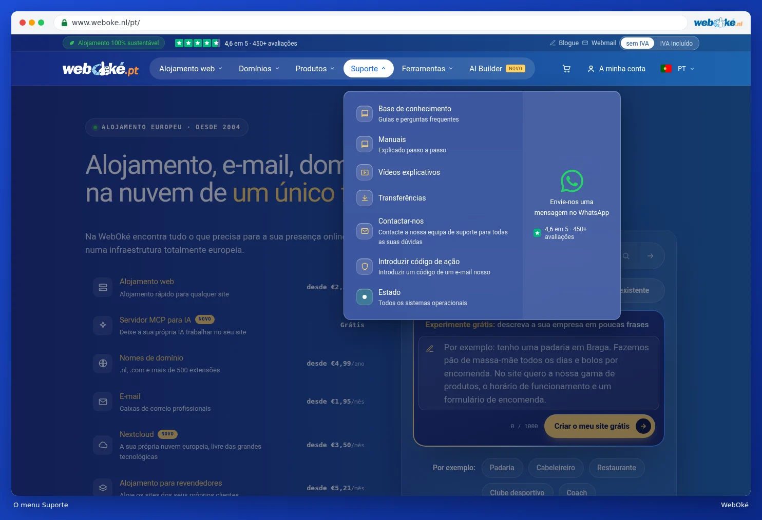 O menu Suporte expandido