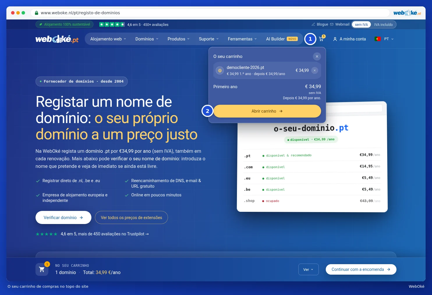O resumo do carrinho no cabeçalho do site