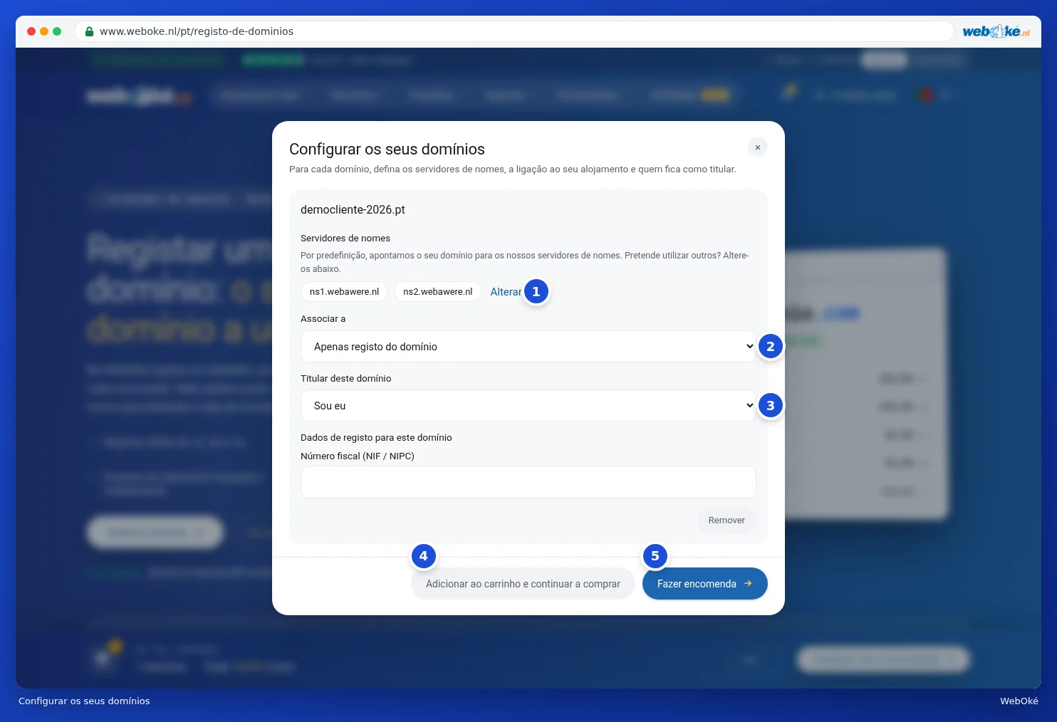 A janela Configurar os seus domínios