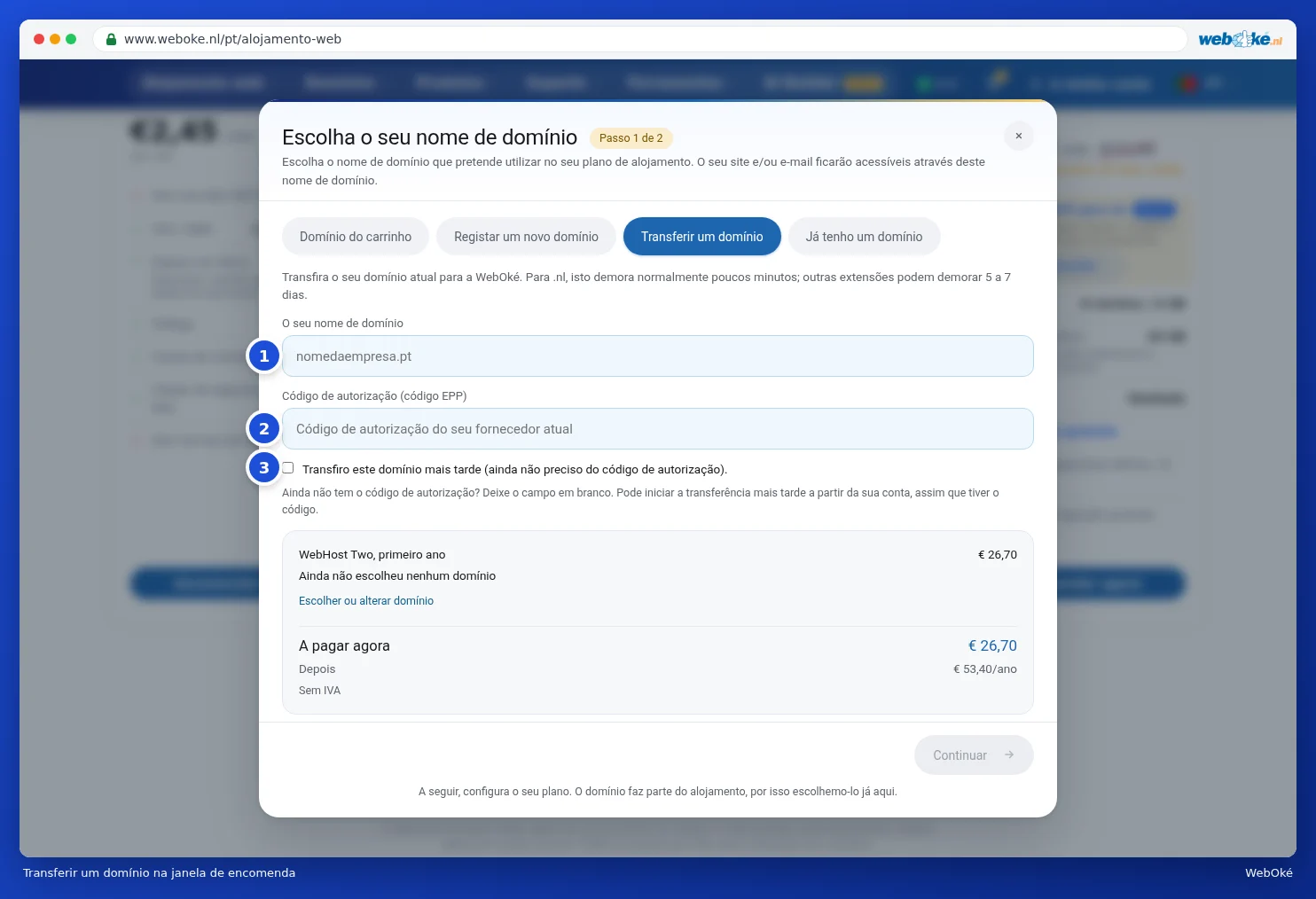 Transferir um domínio na janela de encomenda