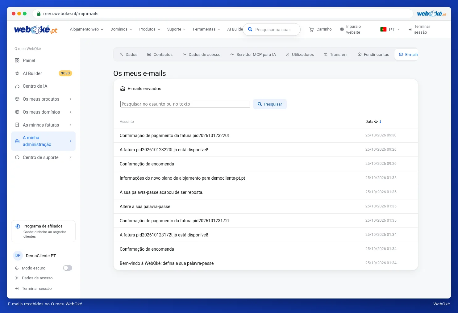 A lista de e-mails recebidos em O meu WebOké
