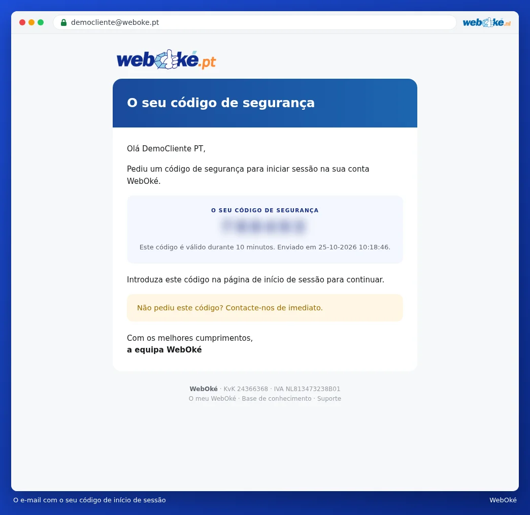 O e-mail O seu código de segurança com o código de 6 dígitos