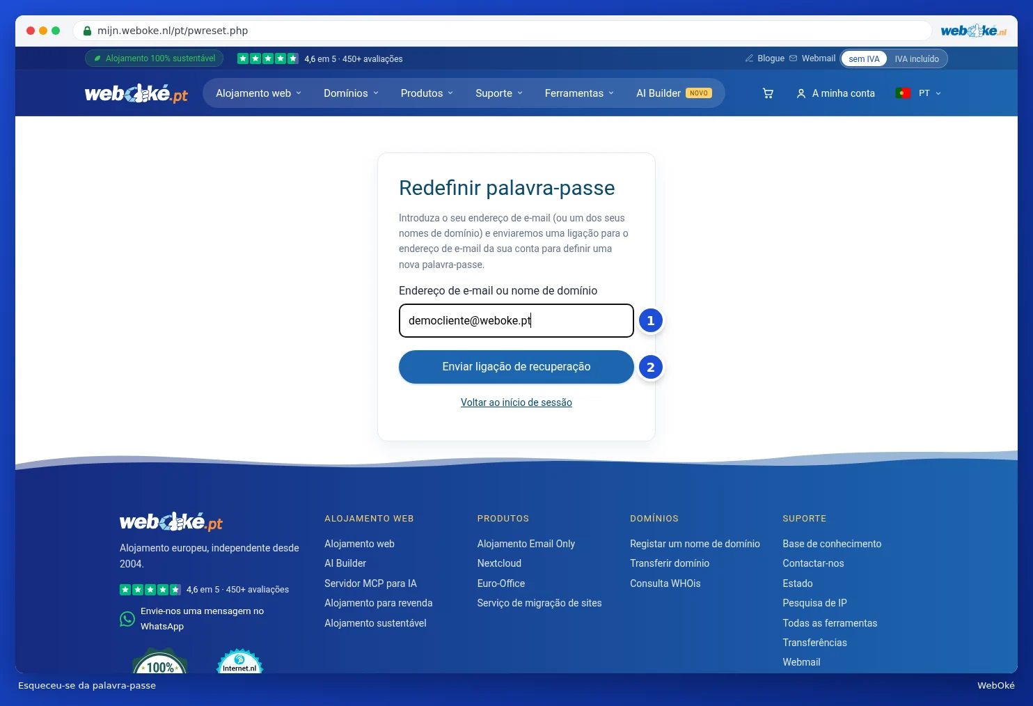 O ecrã Redefinir palavra-passe com o campo Endereço de e-mail ou nome de domínio