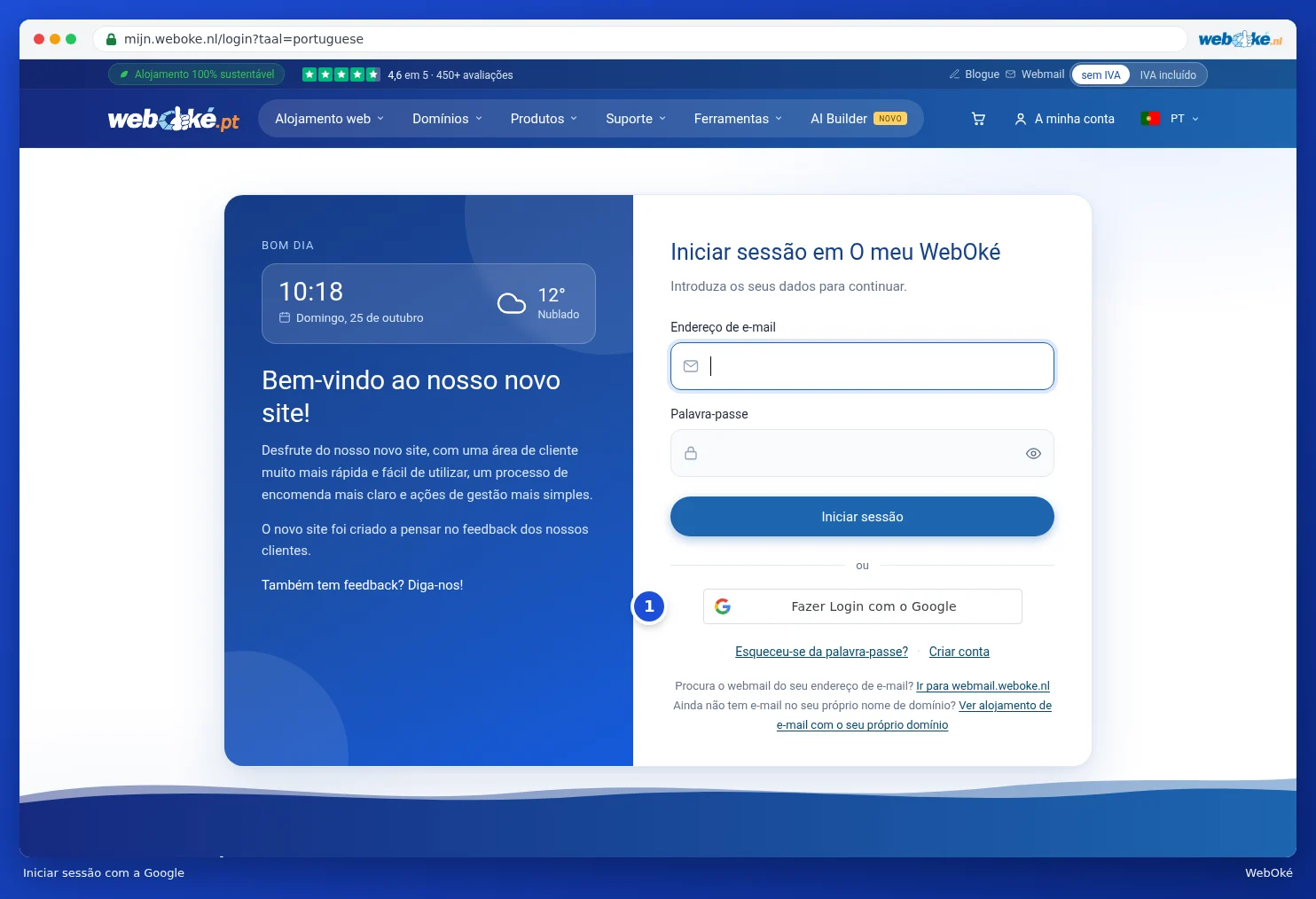 A página de início de sessão com o botão Iniciar sessão com Google