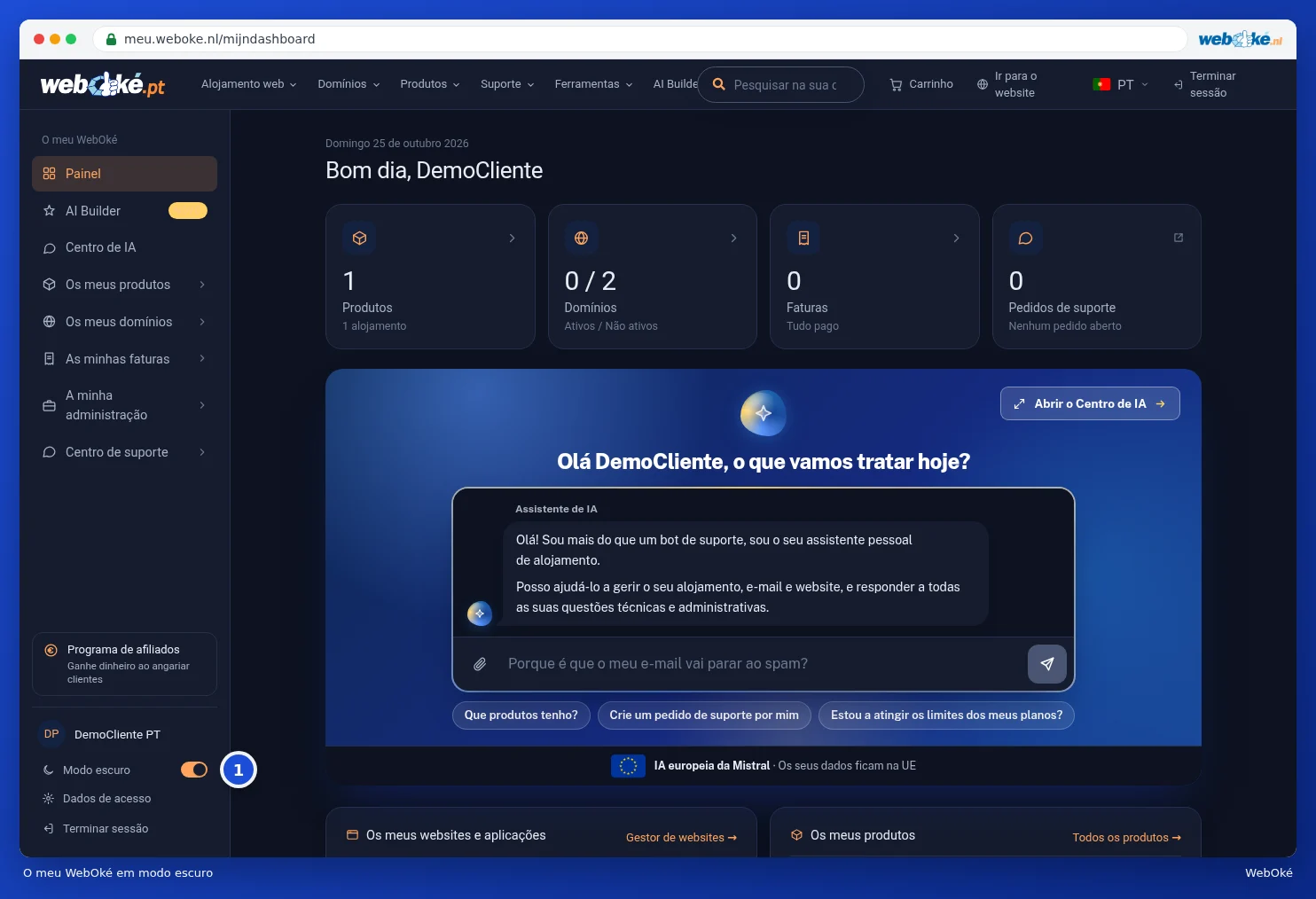 O painel em modo escuro com o interruptor Modo escuro ativado