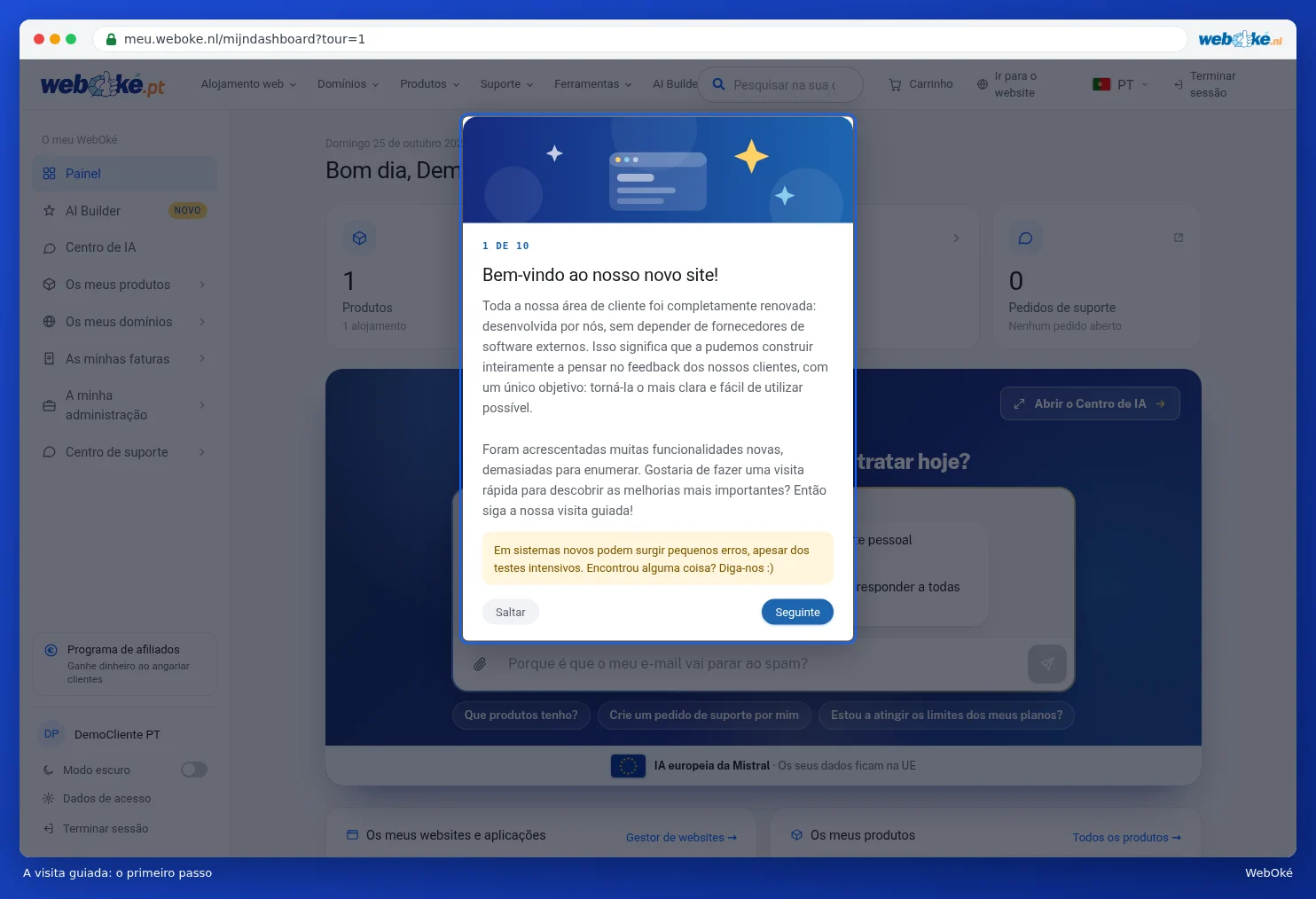 O primeiro passo da visita guiada: Bem-vindo ao nosso novo site!