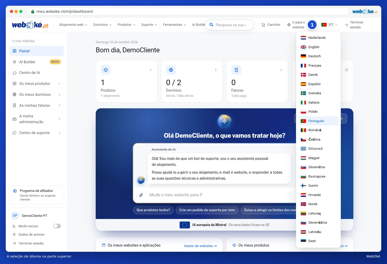 A seleção de idioma no canto superior direito com a lista de idiomas