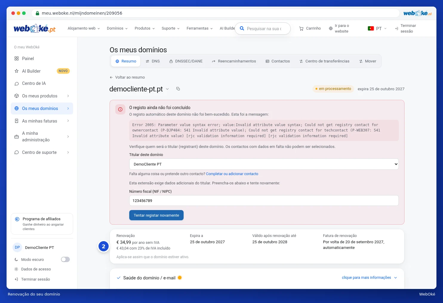 A parte superior da página do domínio com o interruptor e o cartão Renovação