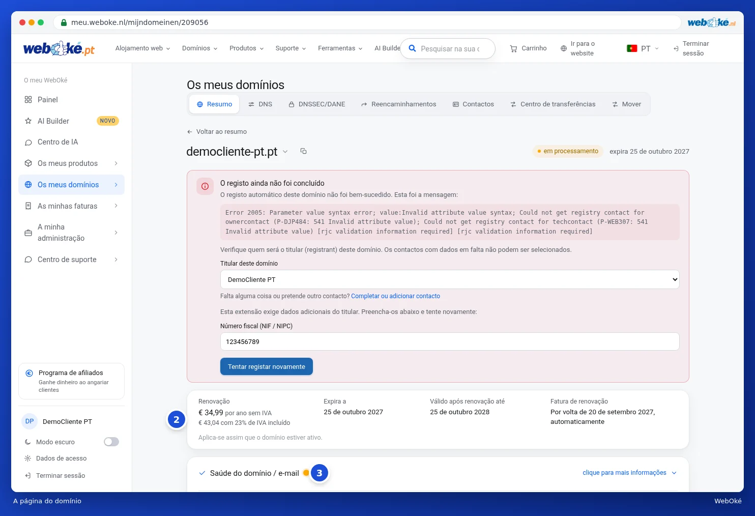 A parte superior da página do domínio com a renovação e Domínio / Saúde do email