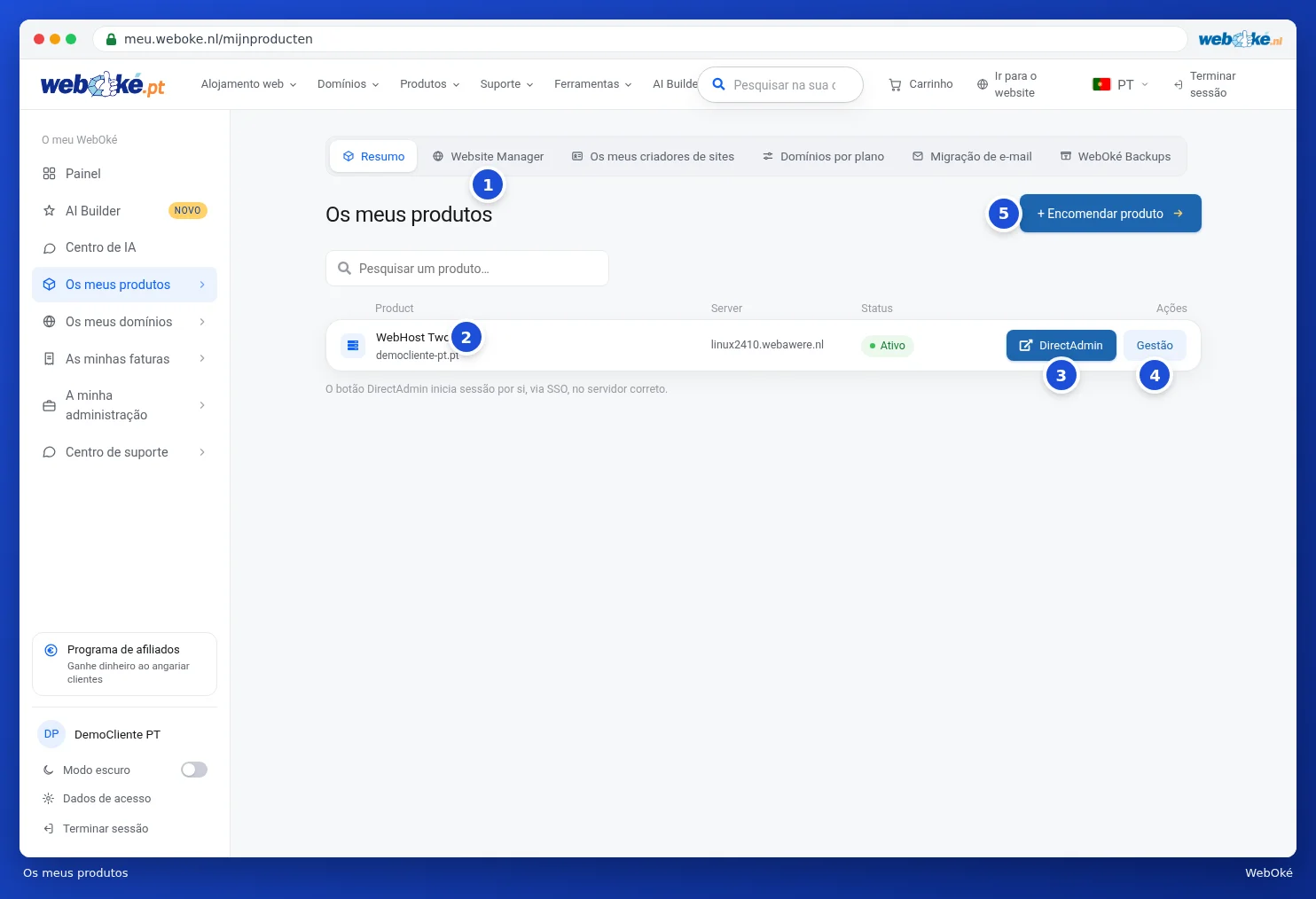 O resumo Os meus produtos com um pacote de alojamento, a barra de separadores e os botões DirectAdmin e Administração