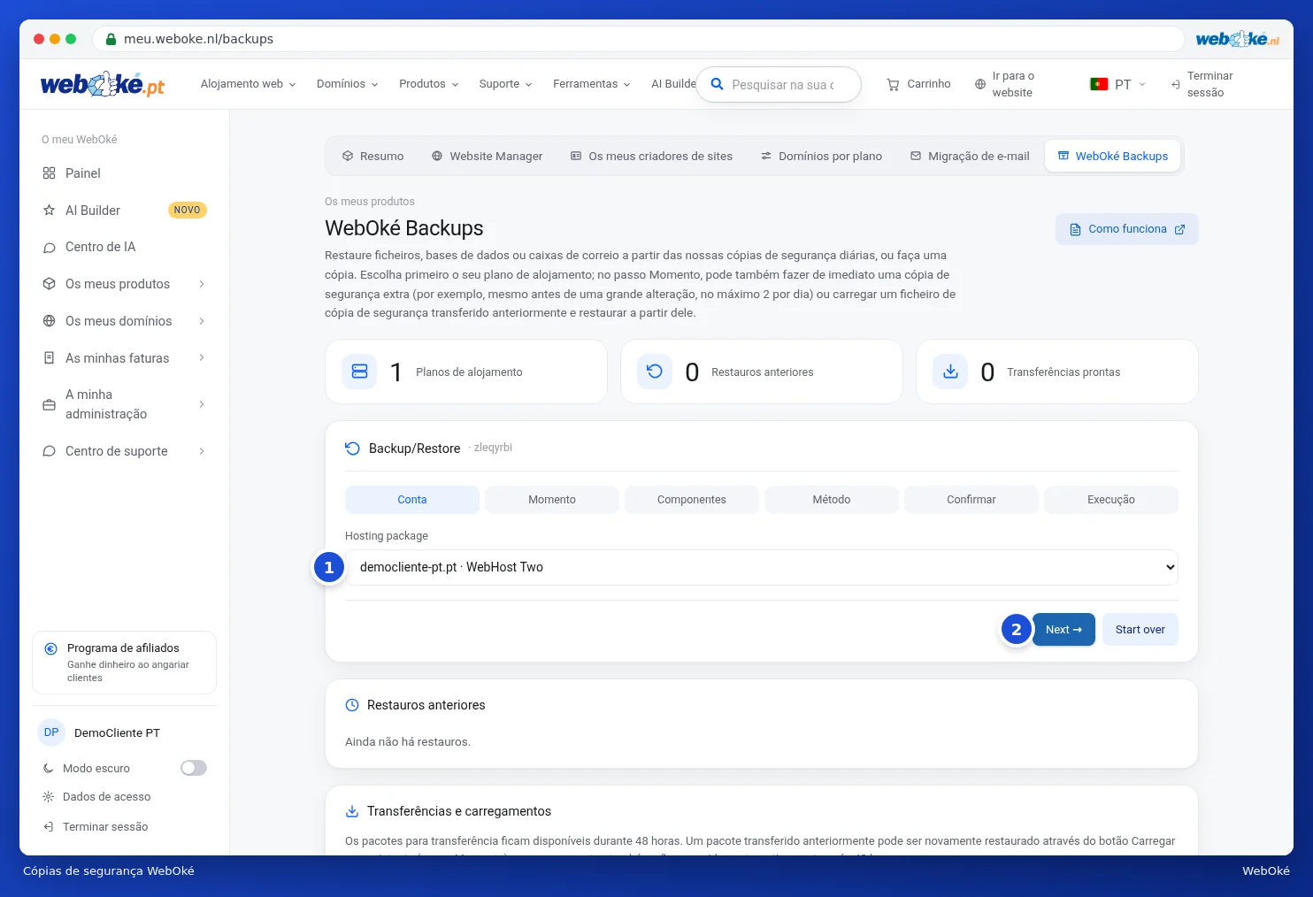 A página WebOké Backups com o assistente e a escolha do pacote de alojamento