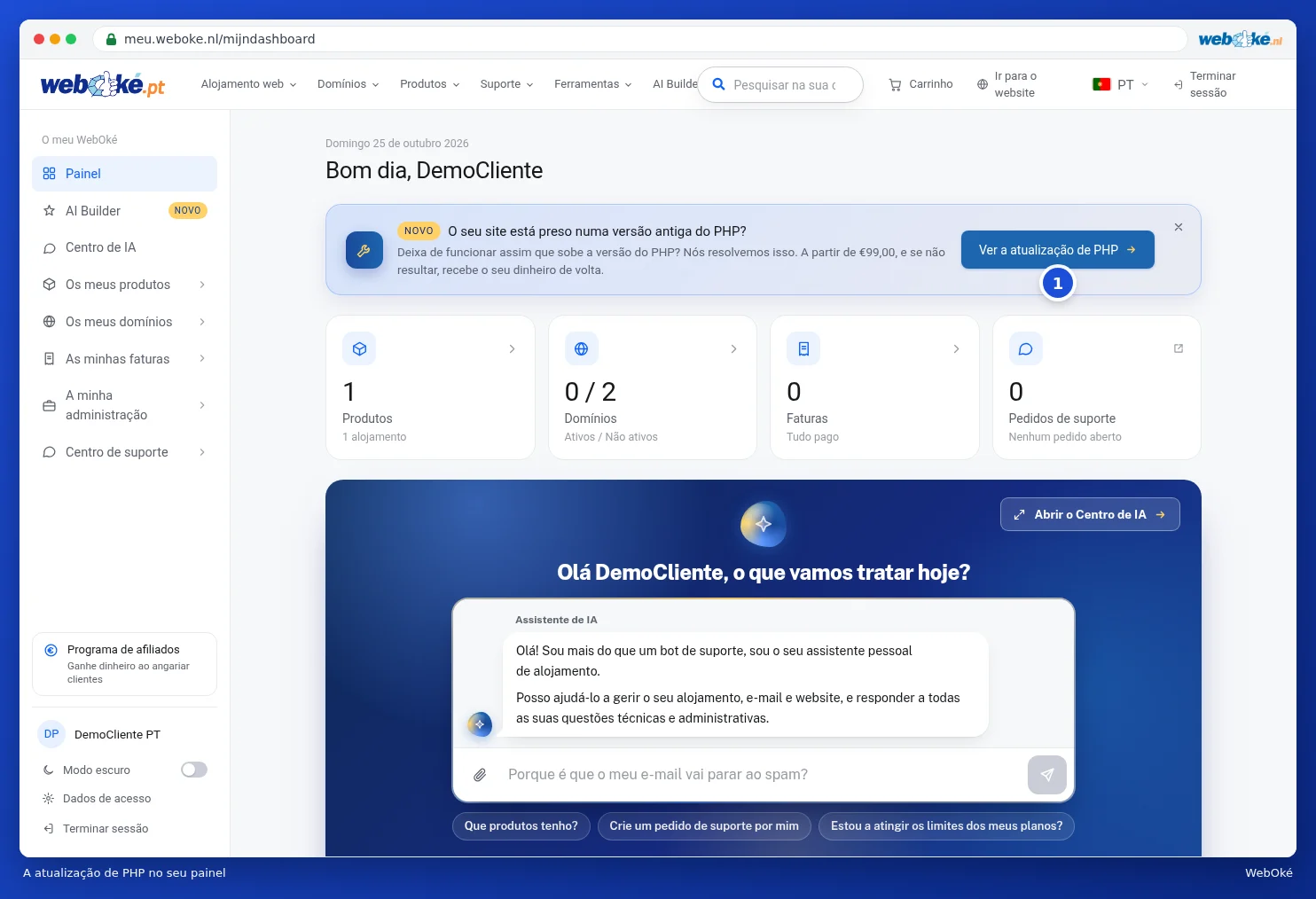 O aviso sobre a atualização de PHP no topo do painel