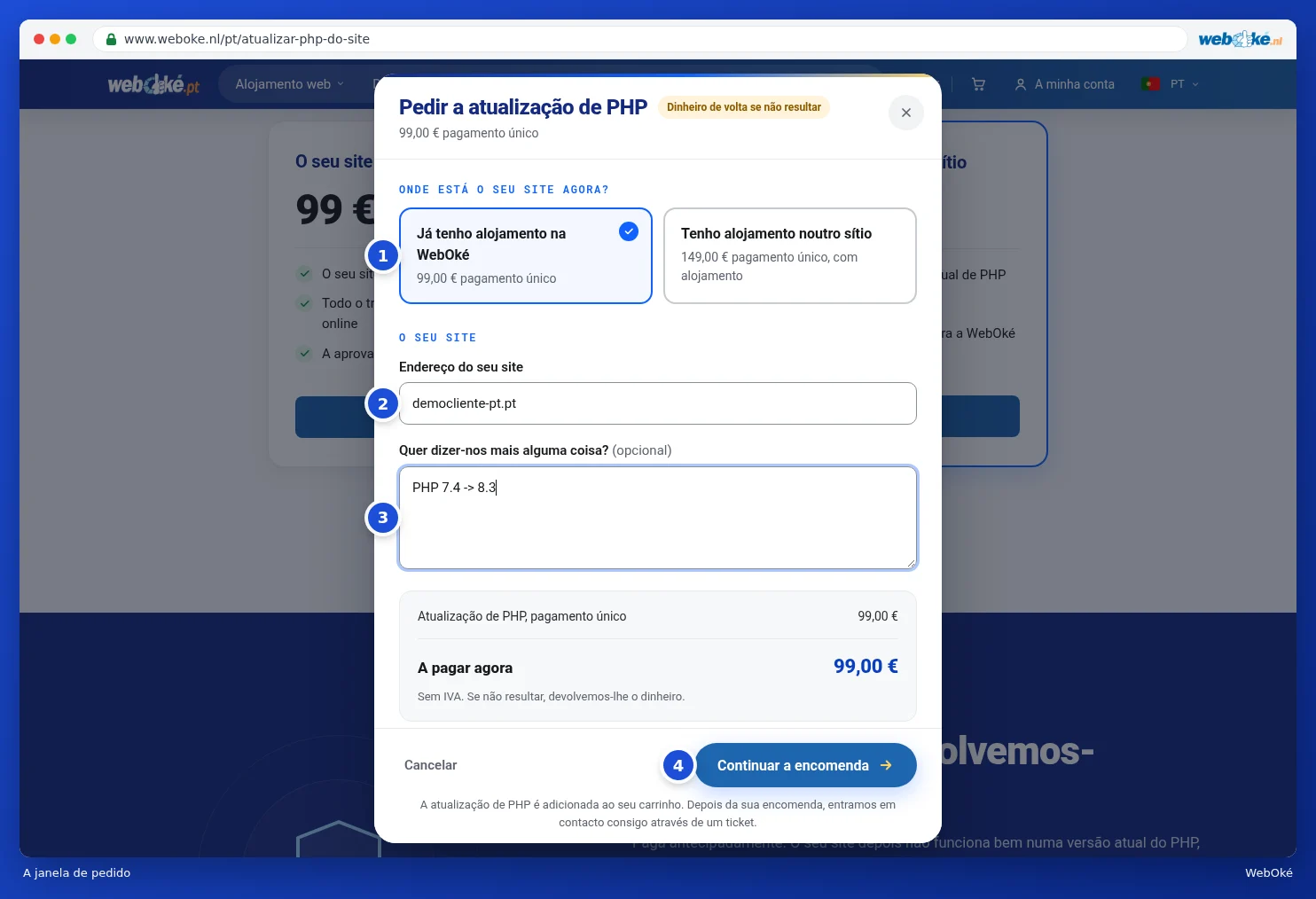 A janela Pedir a atualização de PHP com a escolha, o endereço do site e uma explicação
