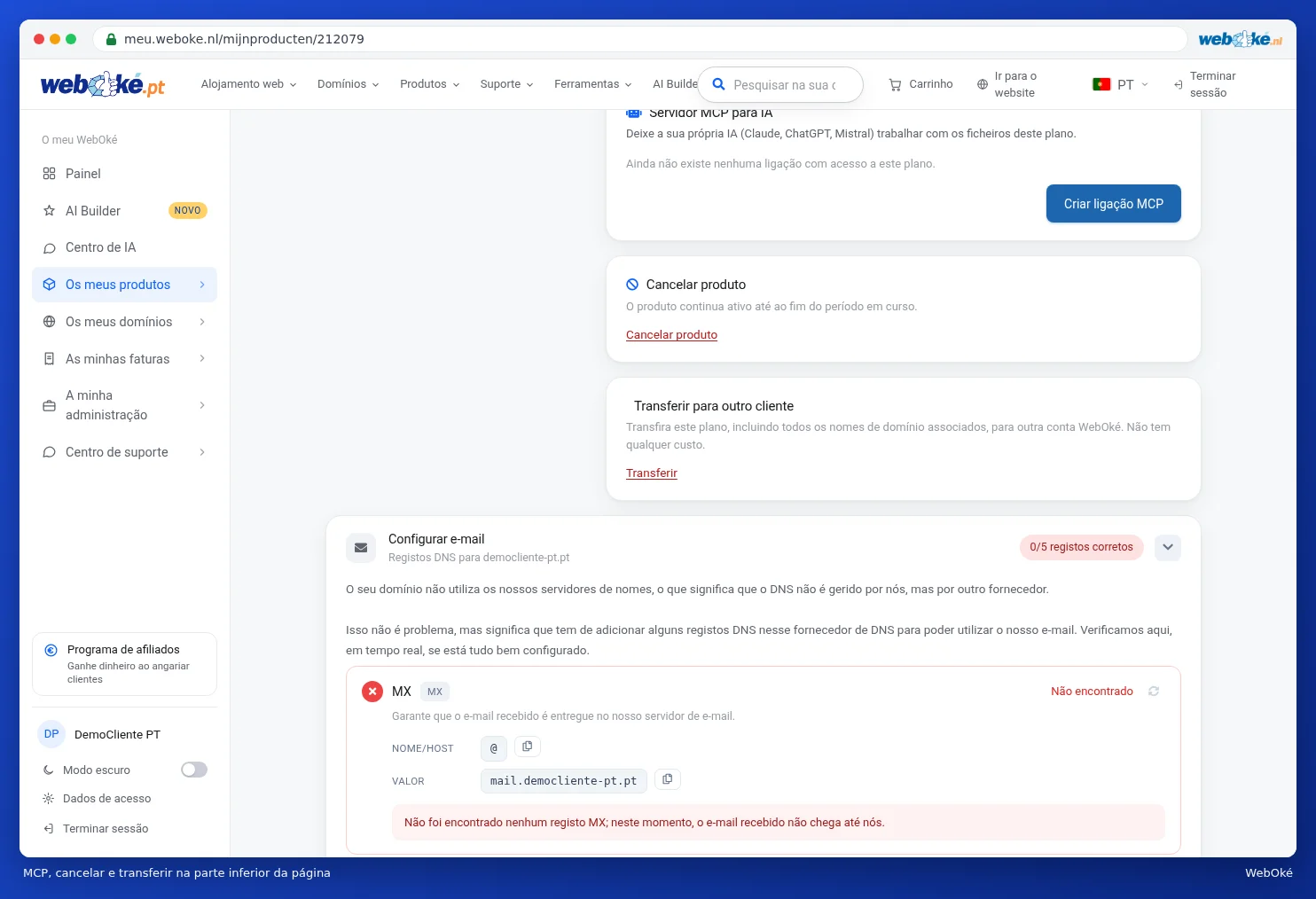 Os cartões Servidor MCP para IA, Cancelar produto e Transferir para outro cliente