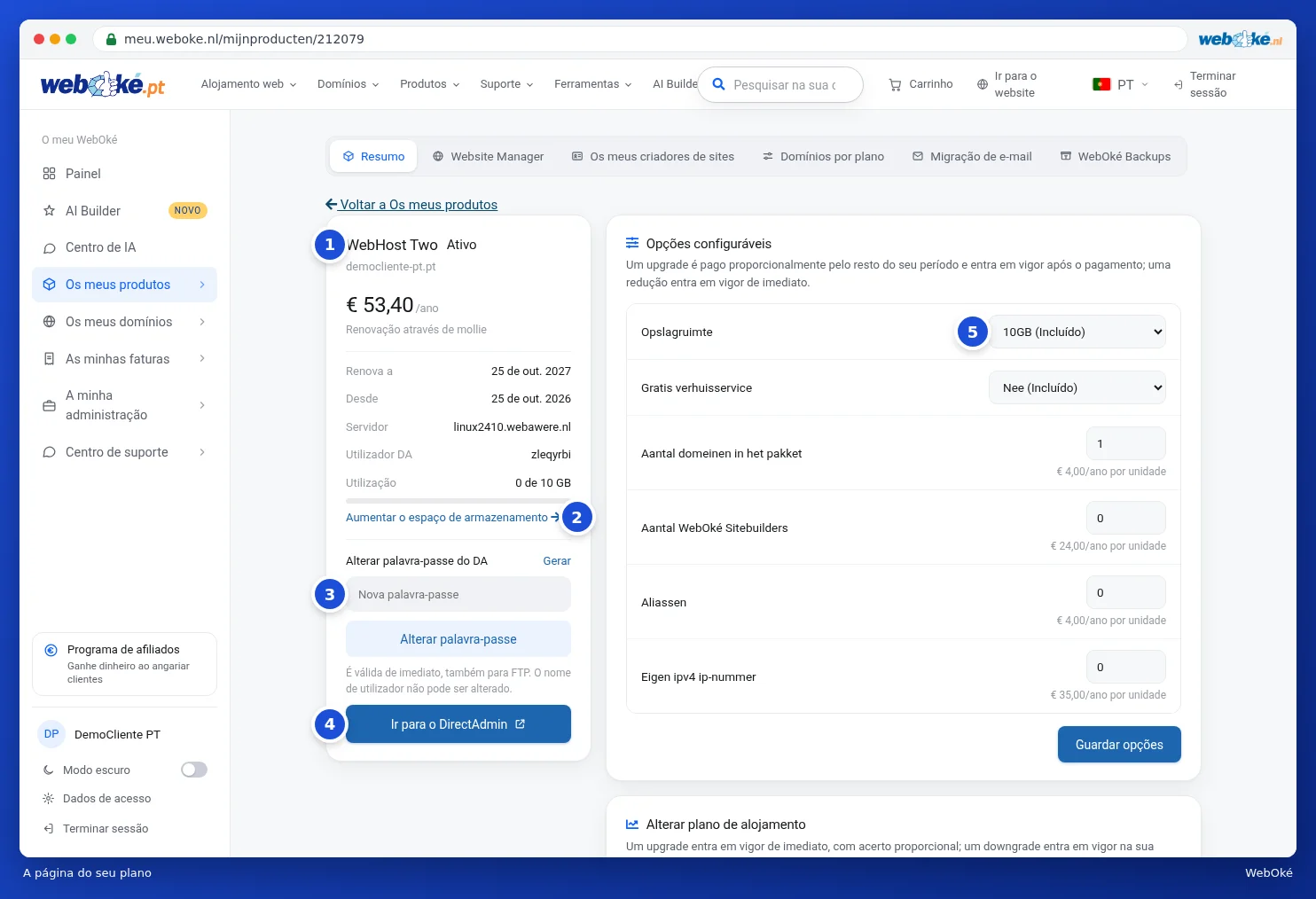 A página do produto do WebHost Two com, à esquerda, os dados do plano e, à direita, as opções configuráveis