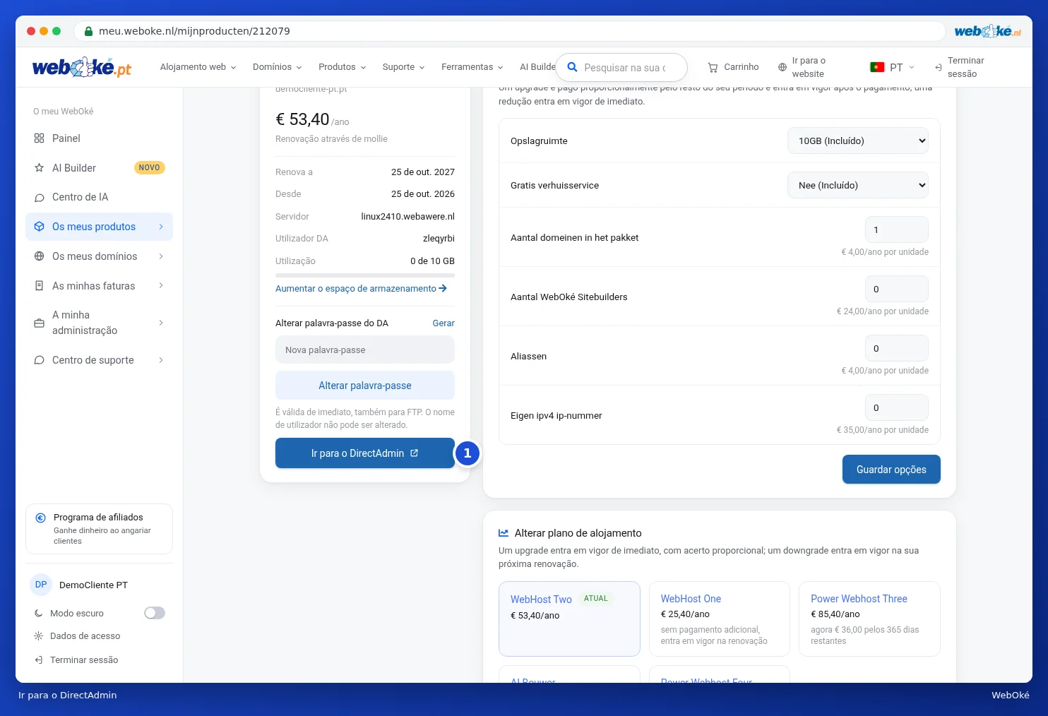 O botão Ir para o DirectAdmin na página do produto