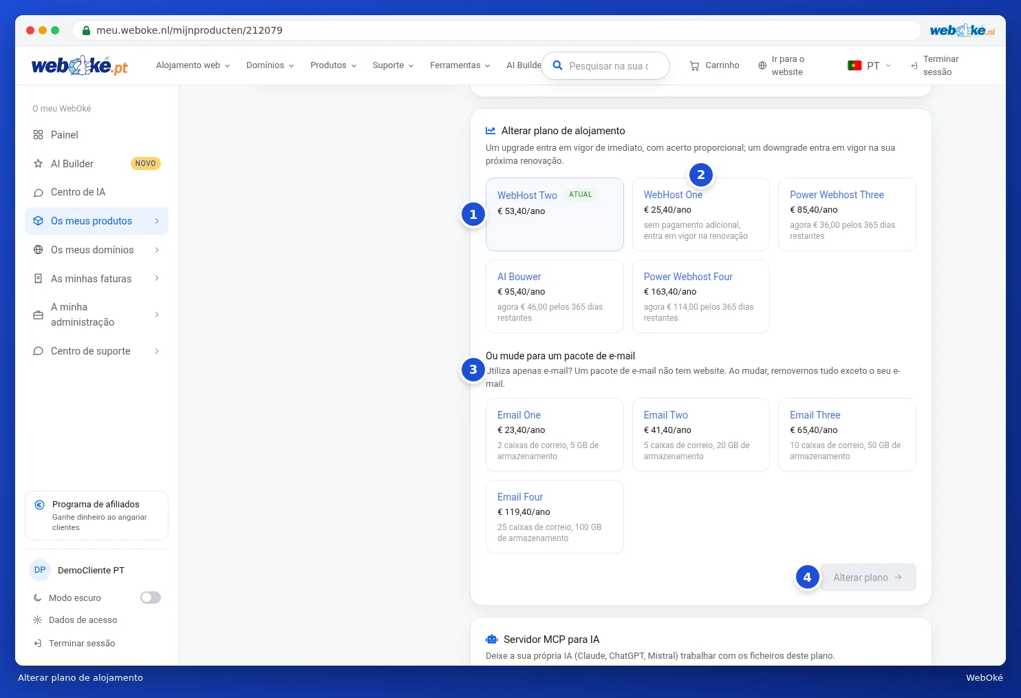 O cartão Alterar plano de alojamento com blocos para os outros planos