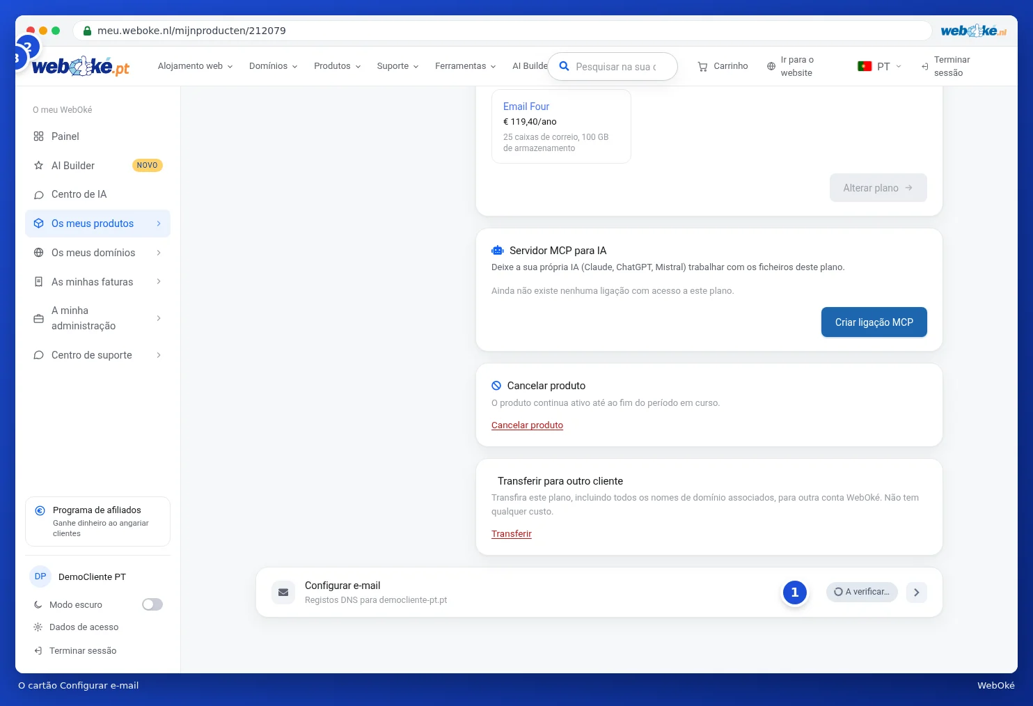 O cartão Configurar e-mail com o número de registos corretos e, por registo, o nome e o valor