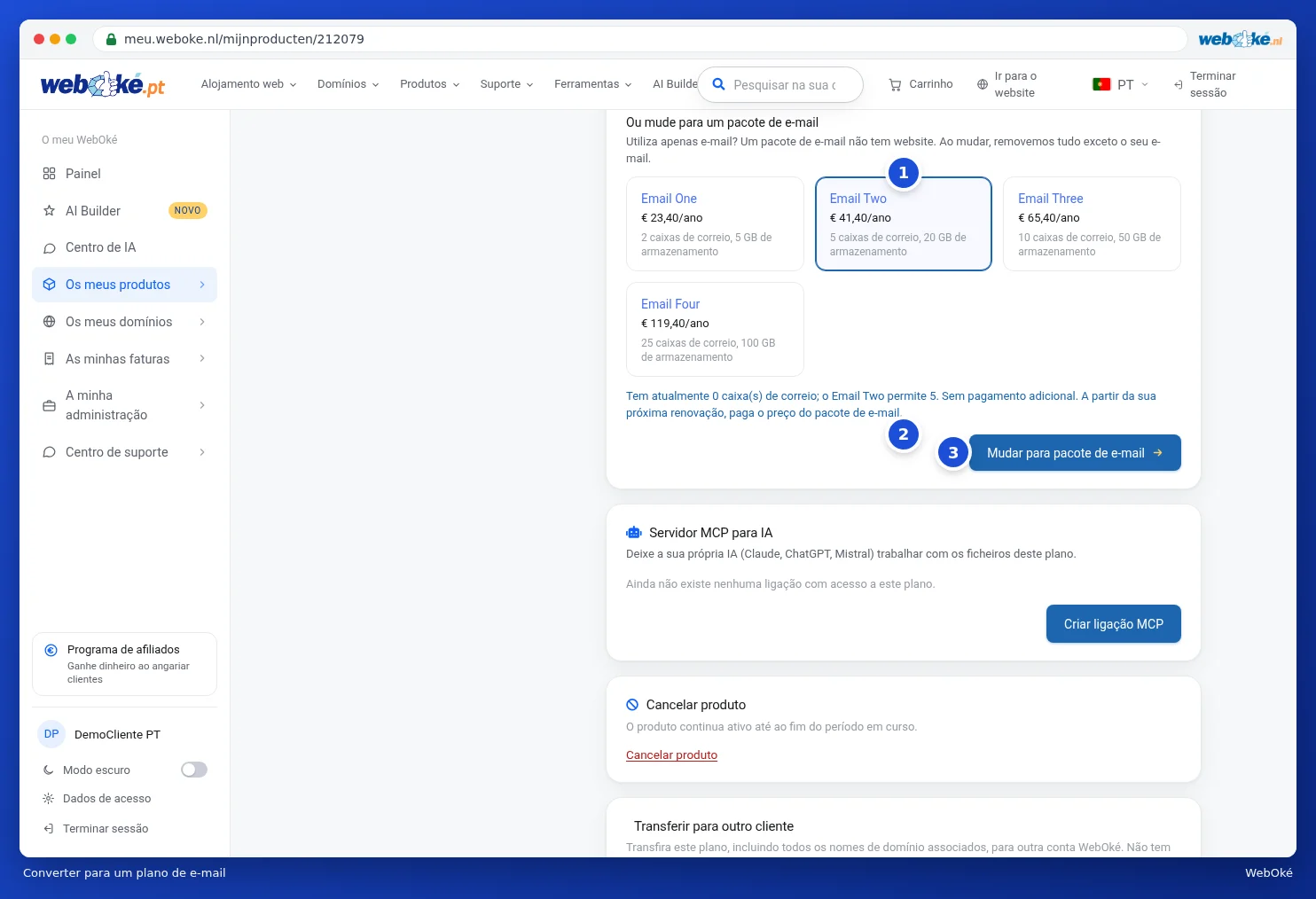 Um pacote de e-mail escolhido com o número de caixas de correio e o botão Mudar para pacote de e-mail
