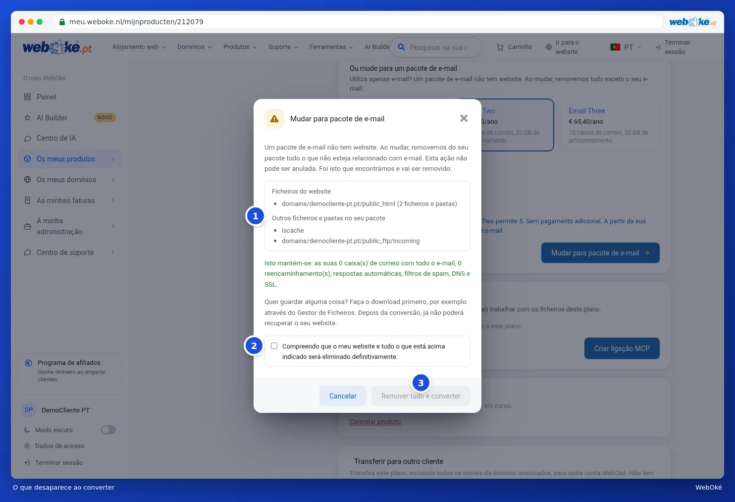 A janela Mudar para pacote de e-mail com o que será removido e o que se mantém