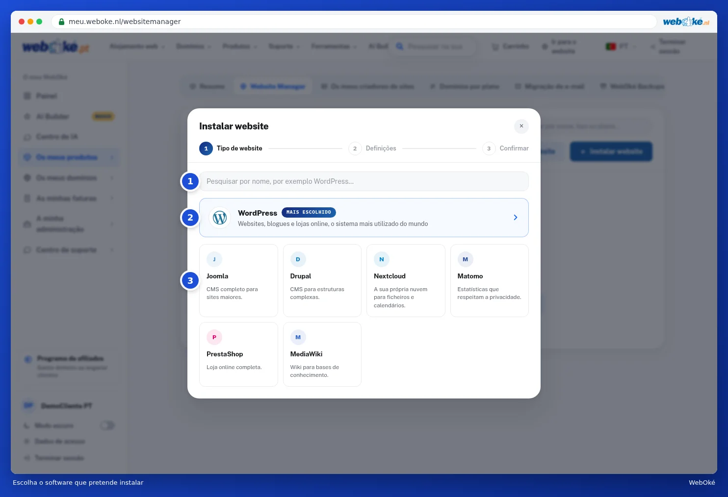O catálogo com WordPress no topo e outro software abaixo