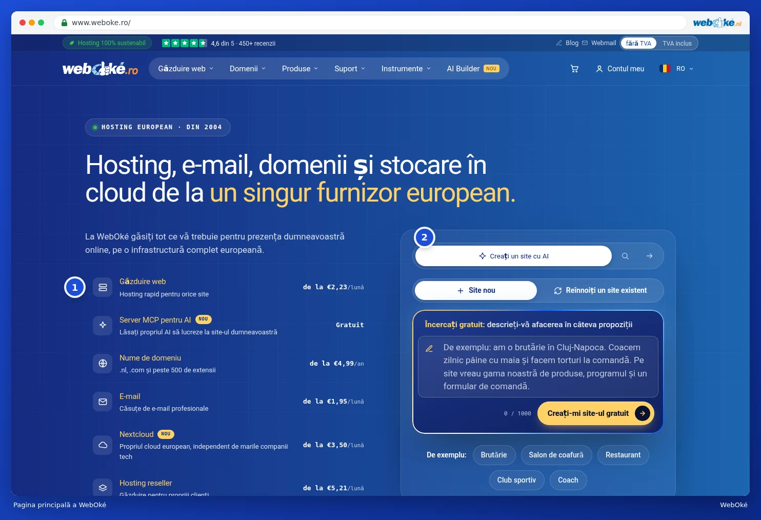 Pagina principală a site-ului web WebOké