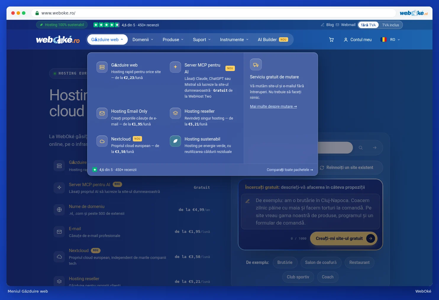 Meniul extins Găzduire web