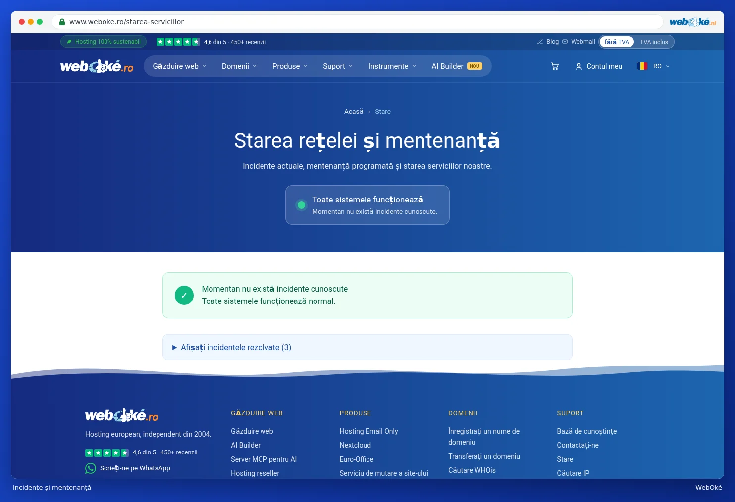 Pagina Defecțiuni și mentenanță
