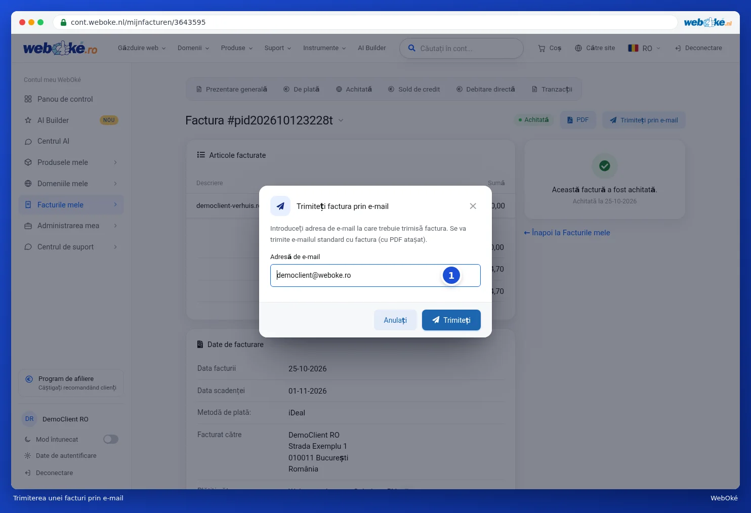 Fereastra Trimiteți factura prin e-mail cu adresa de e-mail
