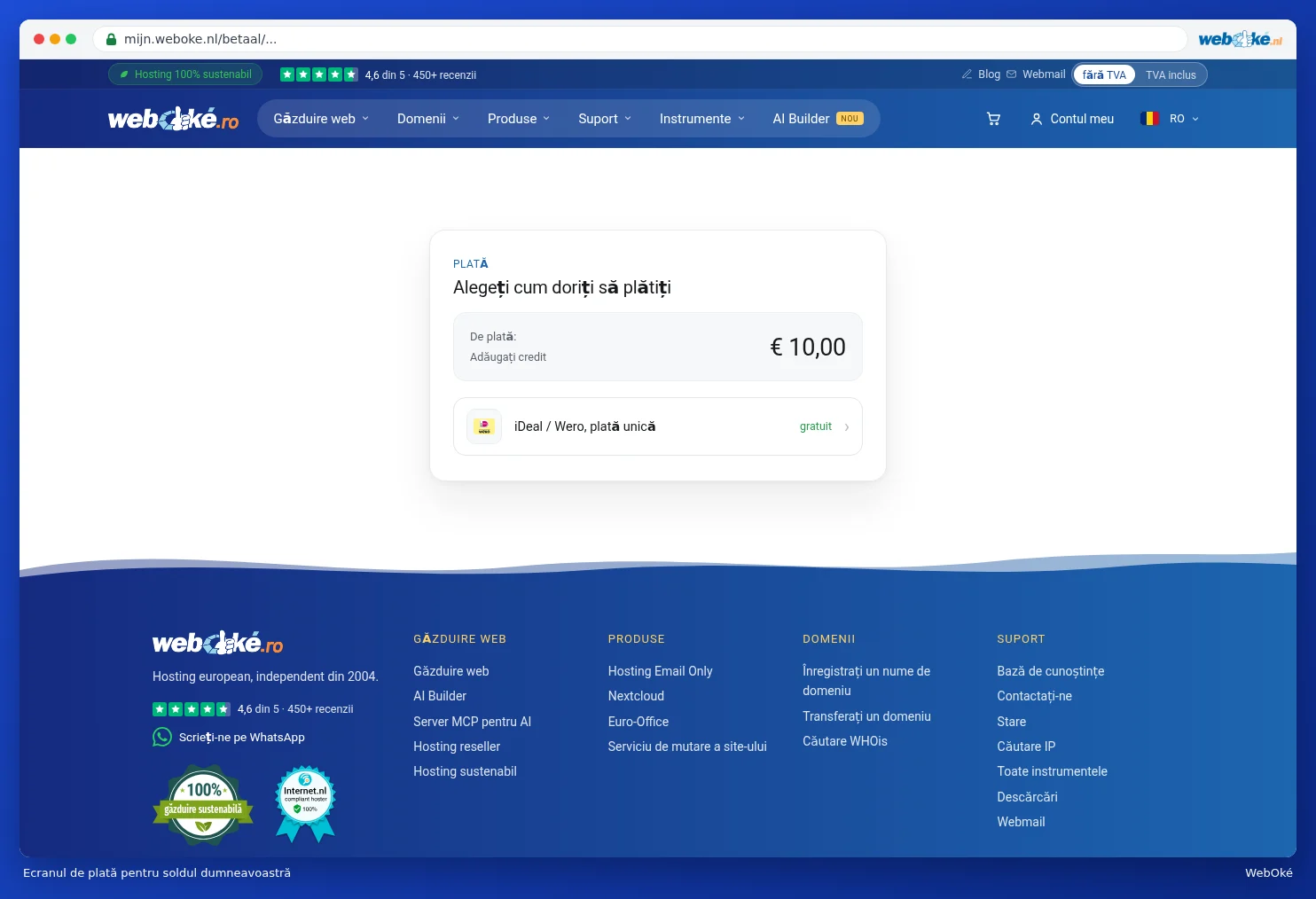 Ecranul de plată pentru adăugarea de credit, cu suma și iDeal