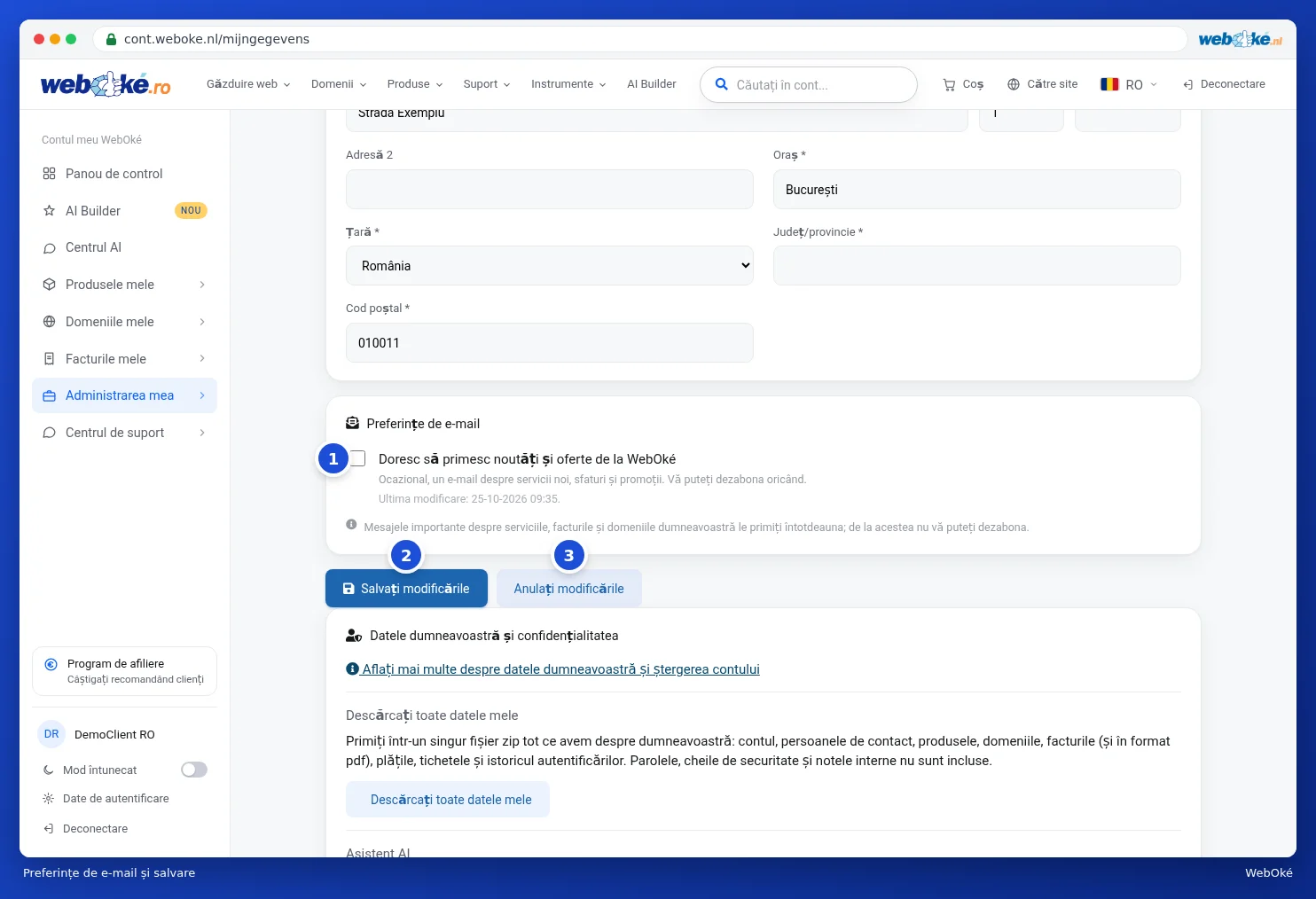 Preferințele de e-mail și butoanele Salvați modificările și Anulați modificările
