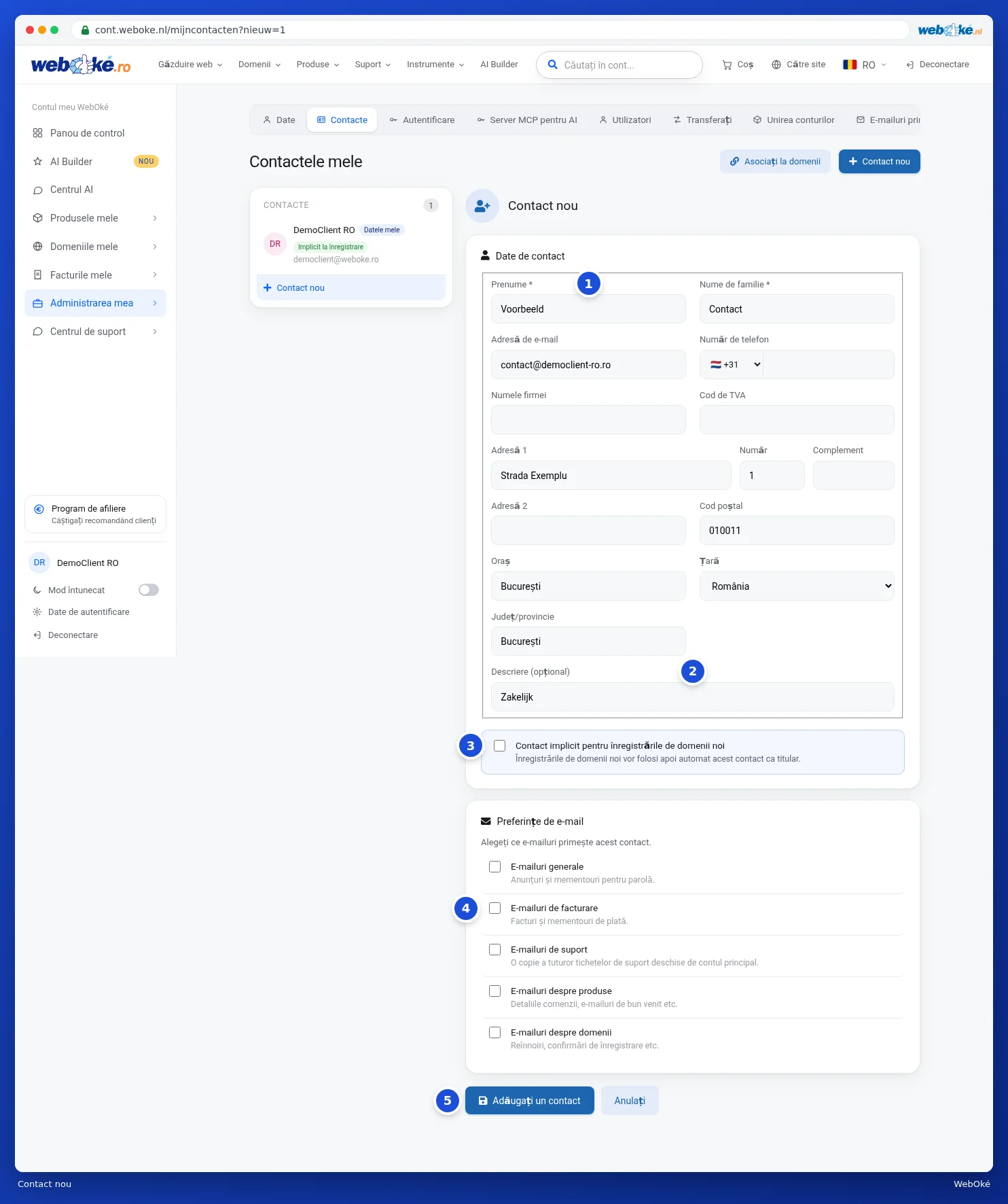 Formularul Contact nou cu datele, descrierea și preferințele de e-mail