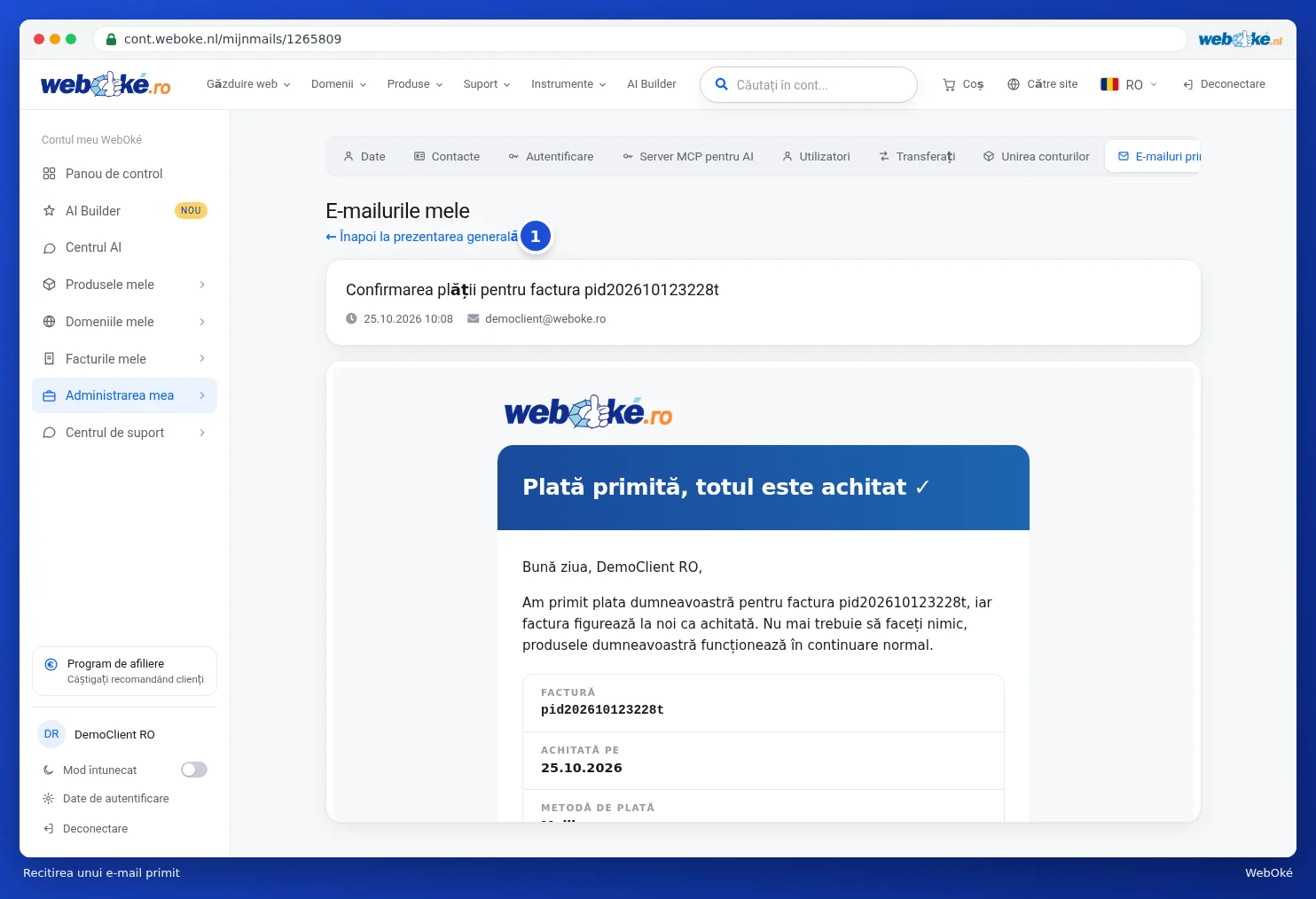 O confirmare de plată deschisă în Contul meu WebOké