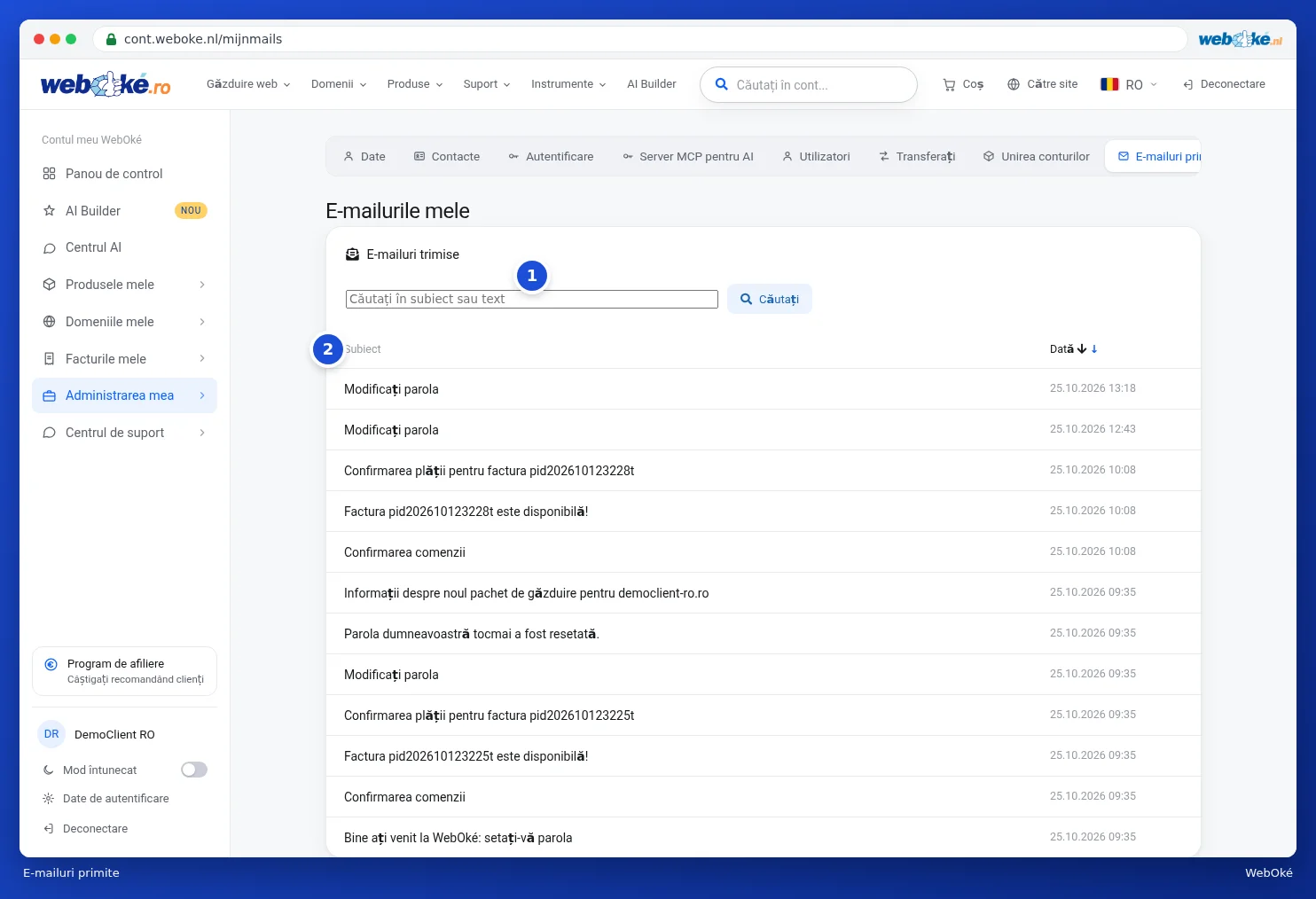 Lista cu e-mailurile primite, cu câmp de căutare și sortare