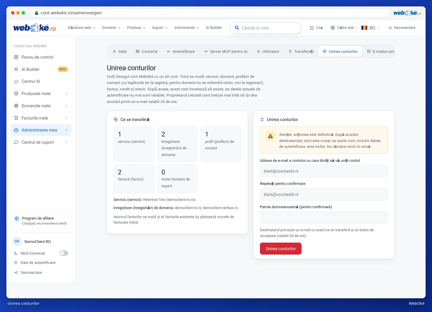 Fila Unirea conturilor cu ce se transferă și formularul