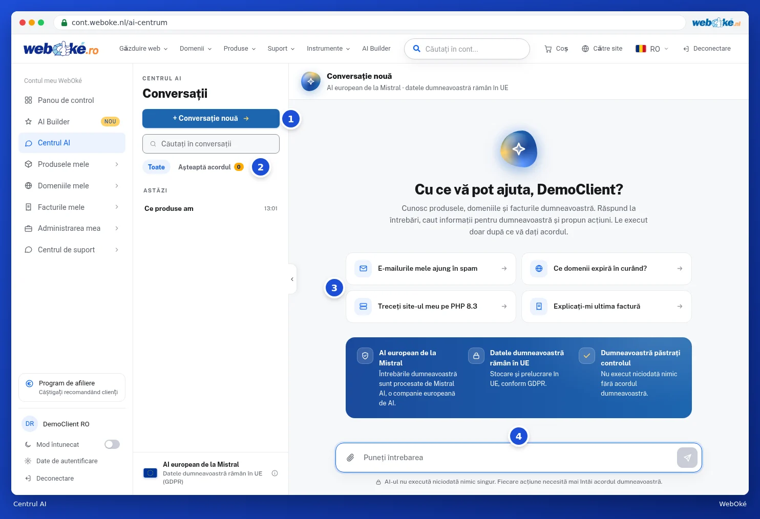 Centrul AI cu lista de conversații și o conversație nouă cu întrebări exemplu