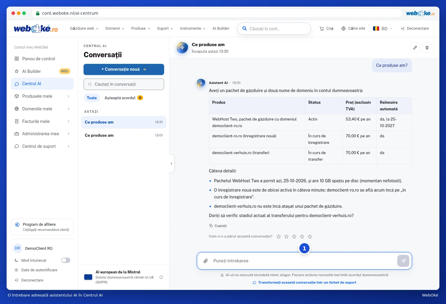 O conversație în Centrul AI cu întrebarea Ce produse am și răspunsul
